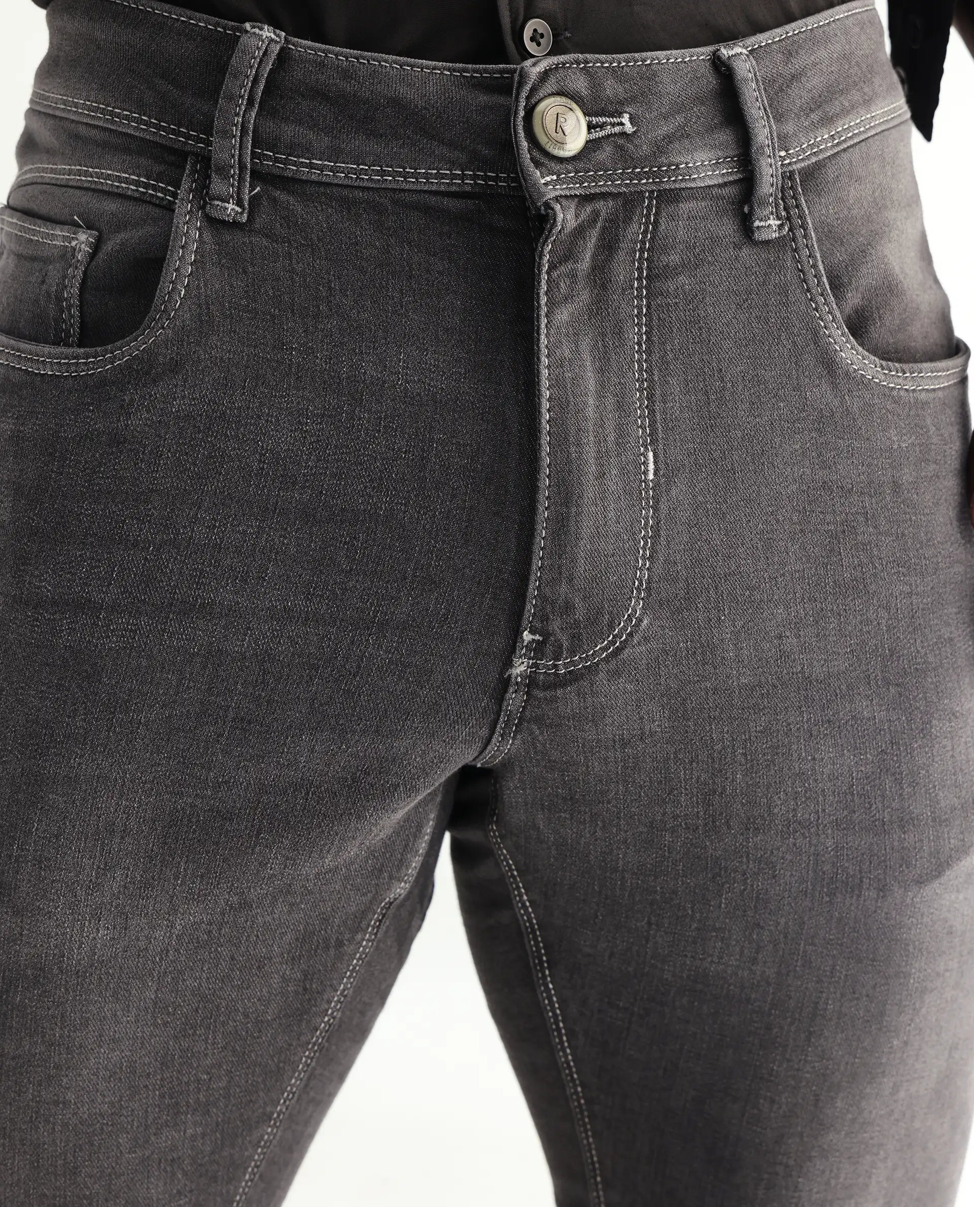 Rare Rabbit Men's Celebi Grey Cotton Plain Hawk Slim Fit Jeans