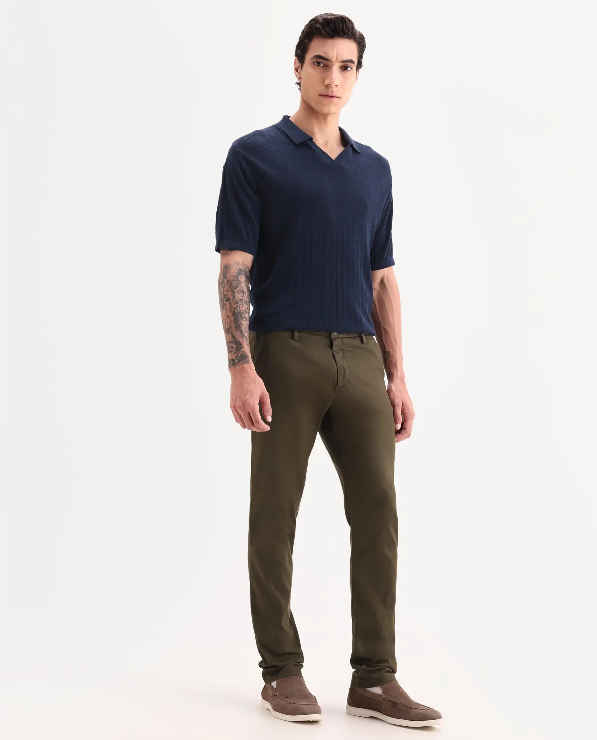Rare Rabbit Men's Cellular Olive Cotton Plain Regular Fit Trouser