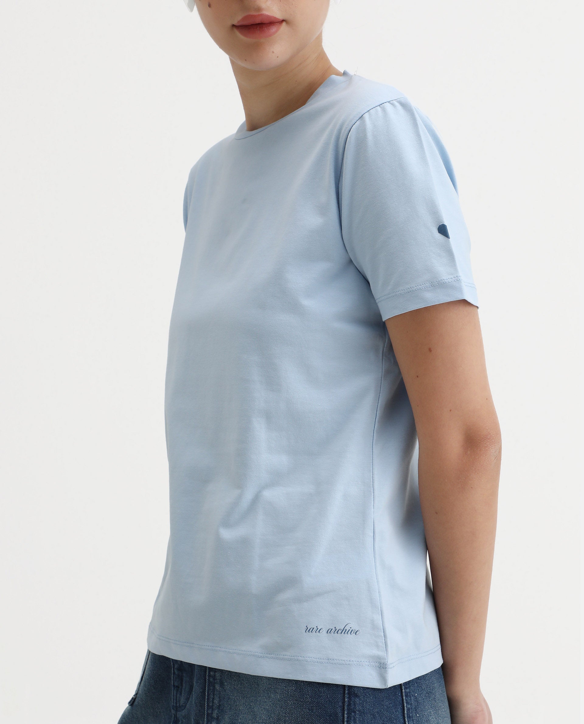 Rareism Women's Cercis Light Blue Cotton Blend Crew Neck Typography Print Regular Fit T-Shirt