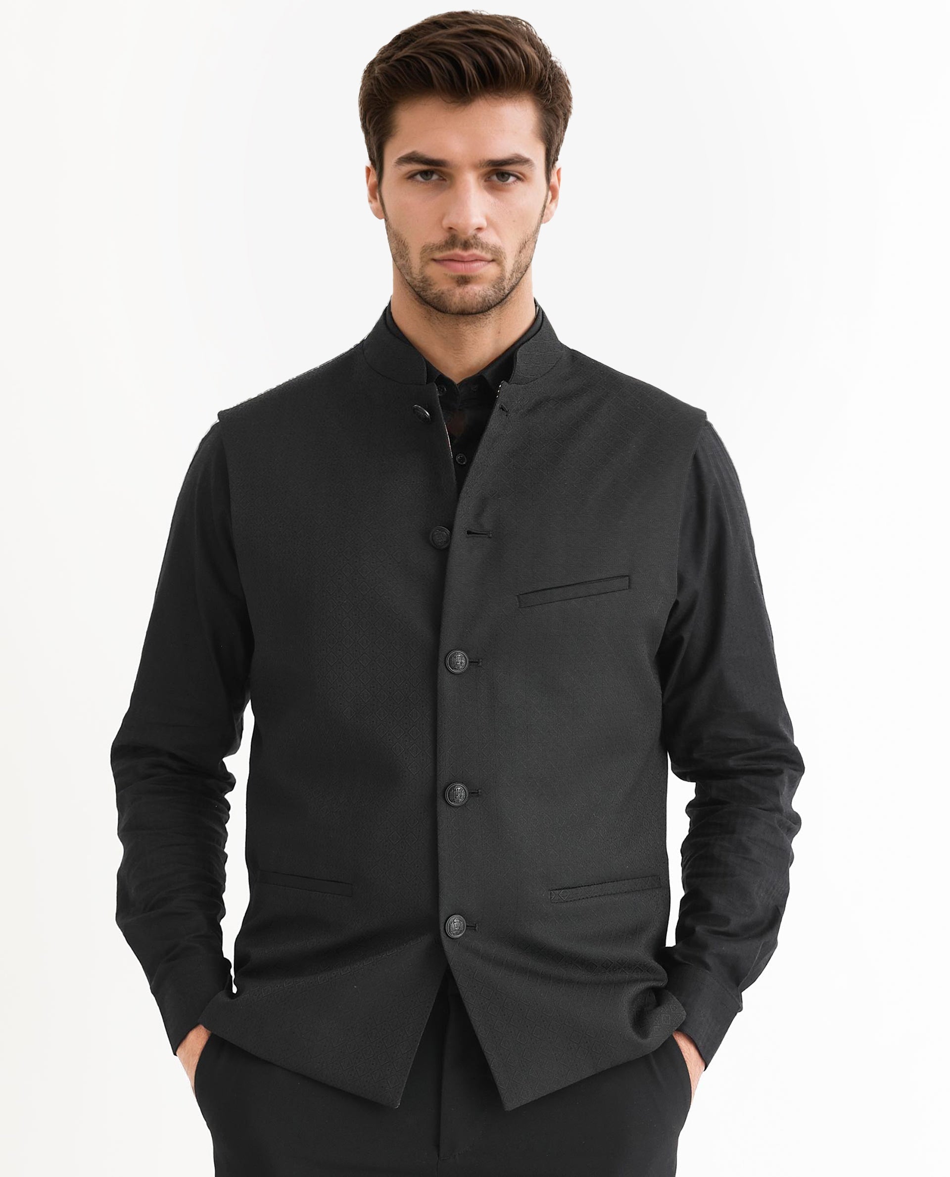 Rare Rabbit Men's Cerny Black Mandarin Collar Tailored Fit Geometric Jacquard Bandi