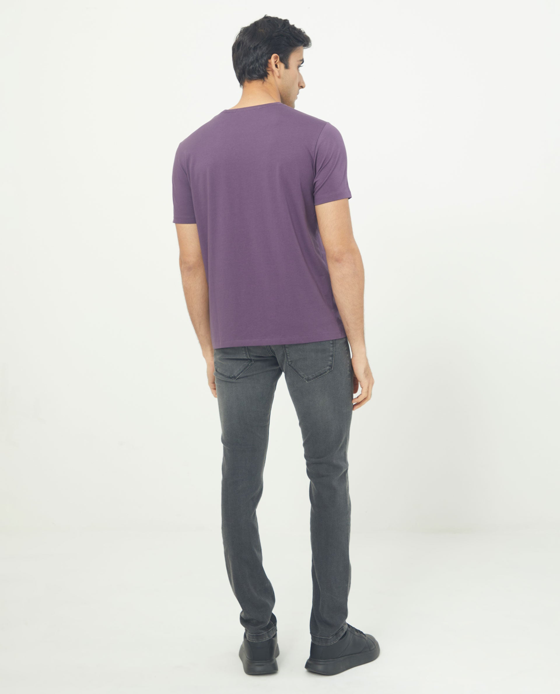 Rare Rabbit Men's Cero Dark Purple Crew Neck Flock Print Branding Half Sleeves Regular Fit T-Shirt