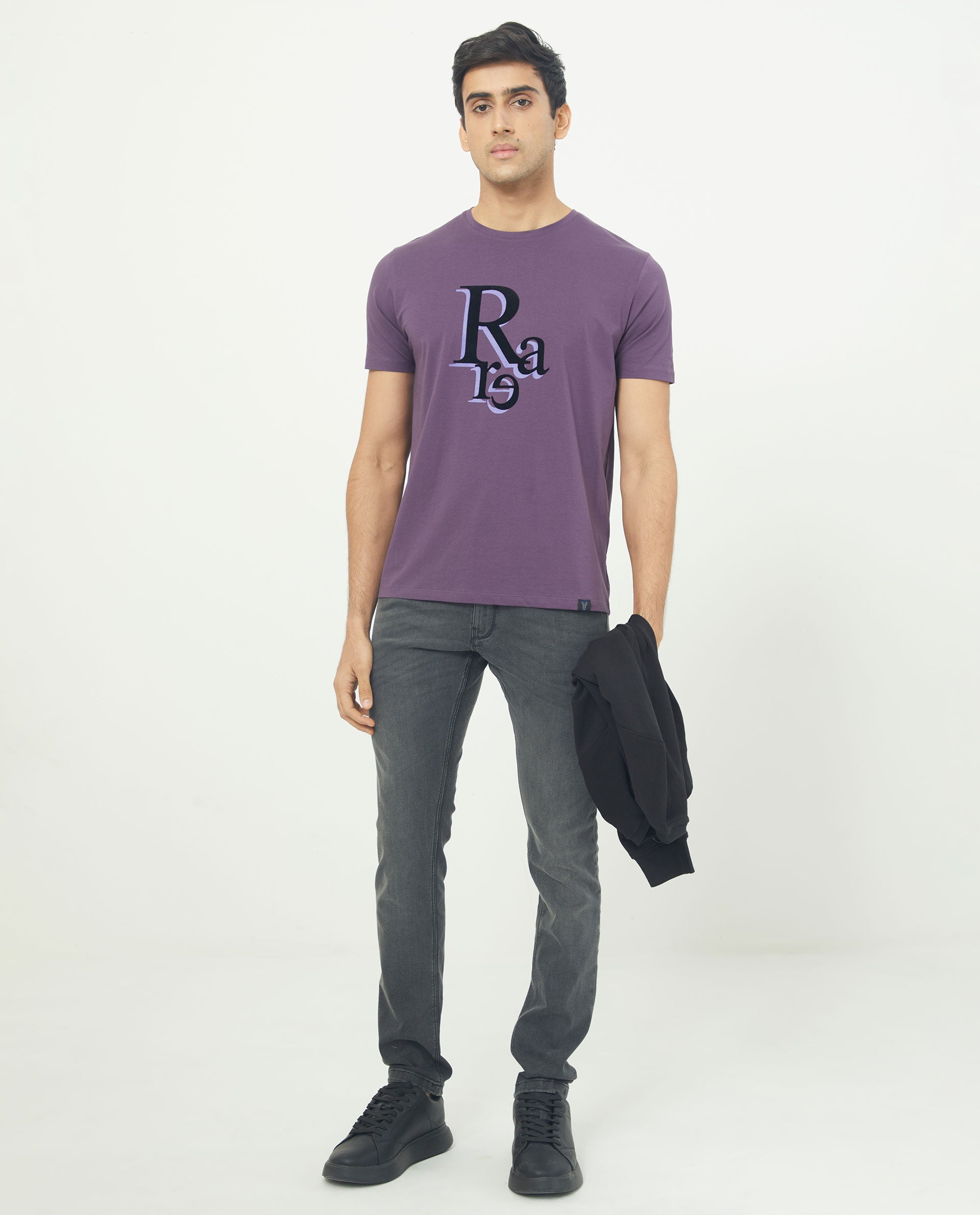 Rare Rabbit Men's Cero Dark Purple Crew Neck Flock Print Branding Half Sleeves Regular Fit T-Shirt