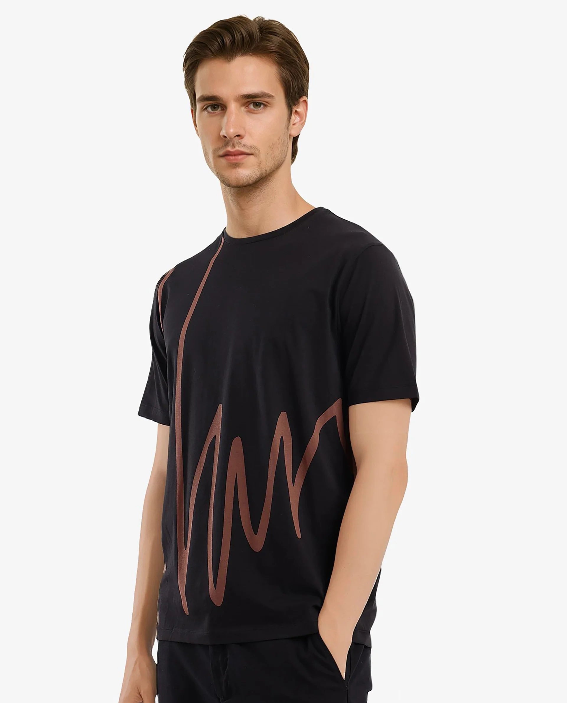 Rare Rabbit Men Chael Black Short Sleeve Crew Neck Graphic Print T-Shirt