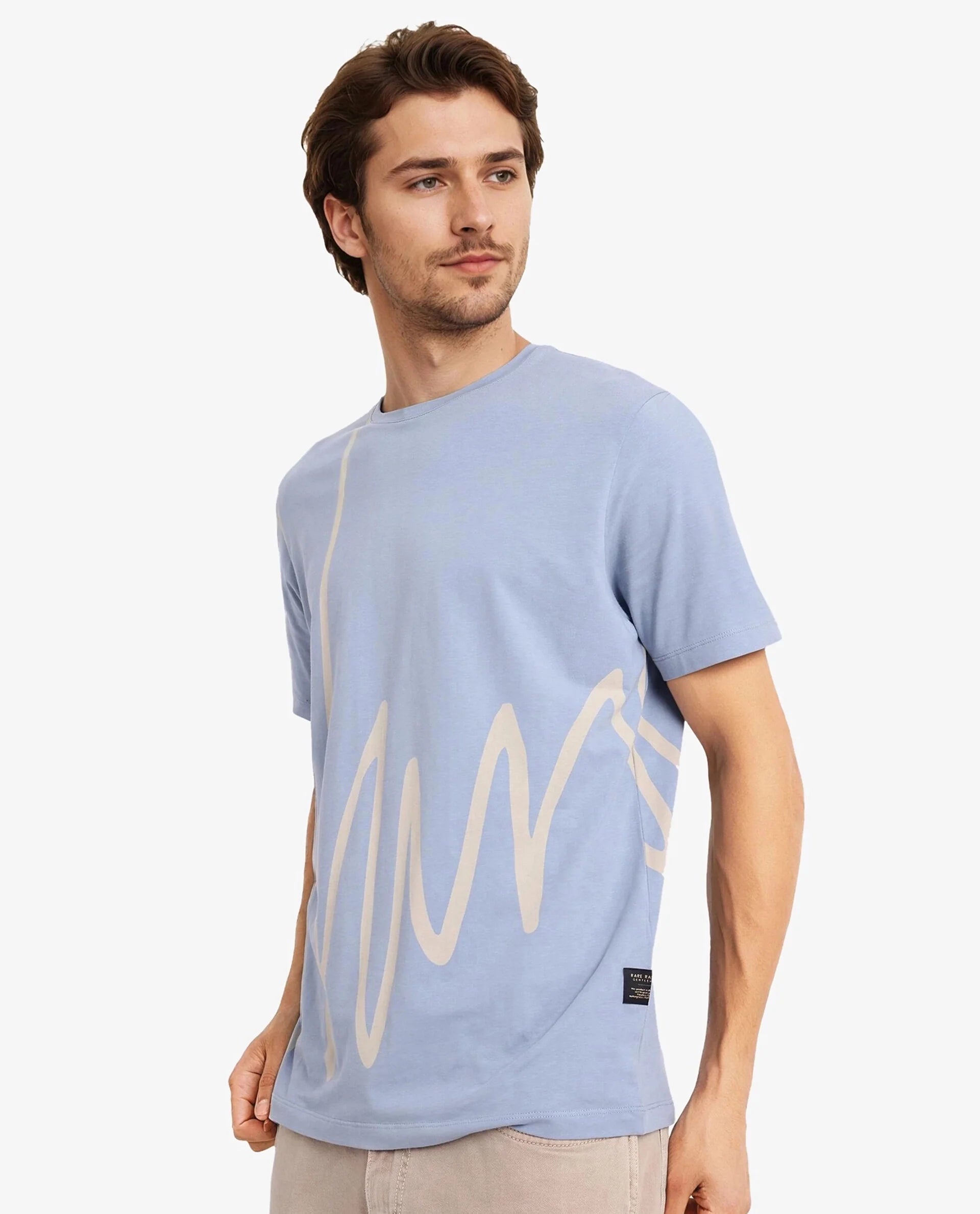 Rare Rabbit Men Chael Dusky Blue Cotton Lycra Fabric Short Sleeve Crew Neck Regular Fit Graphic Signature Print T-Shirt