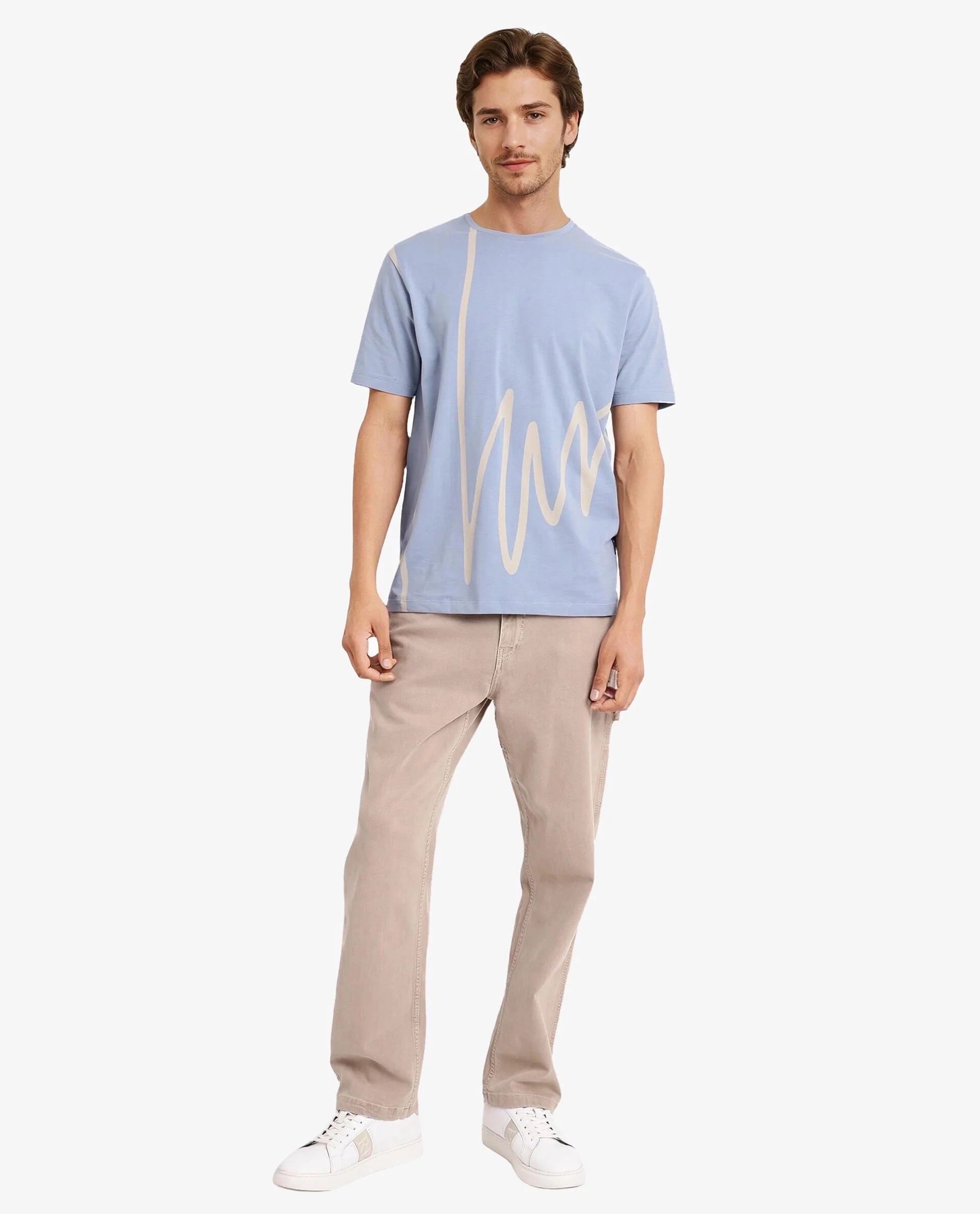 Rare Rabbit Men Chael Dusky Blue Cotton Lycra Fabric Short Sleeve Crew Neck Regular Fit Graphic Signature Print T-Shirt