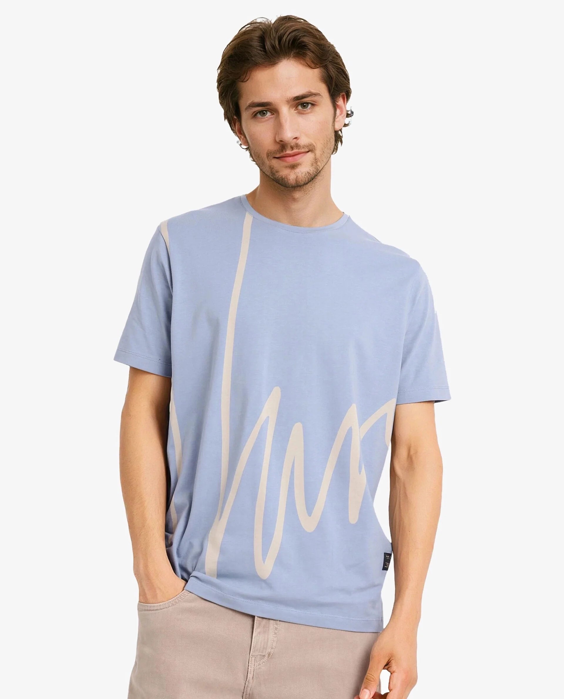 Rare Rabbit Men Chael Dusky Blue Cotton Lycra Fabric Short Sleeve Crew Neck Regular Fit Graphic Signature Print T-Shirt