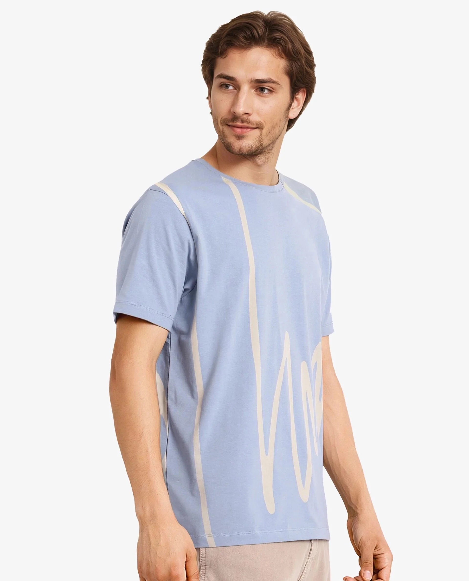 Rare Rabbit Men Chael Dusky Blue Cotton Lycra Fabric Short Sleeve Crew Neck Regular Fit Graphic Signature Print T-Shirt