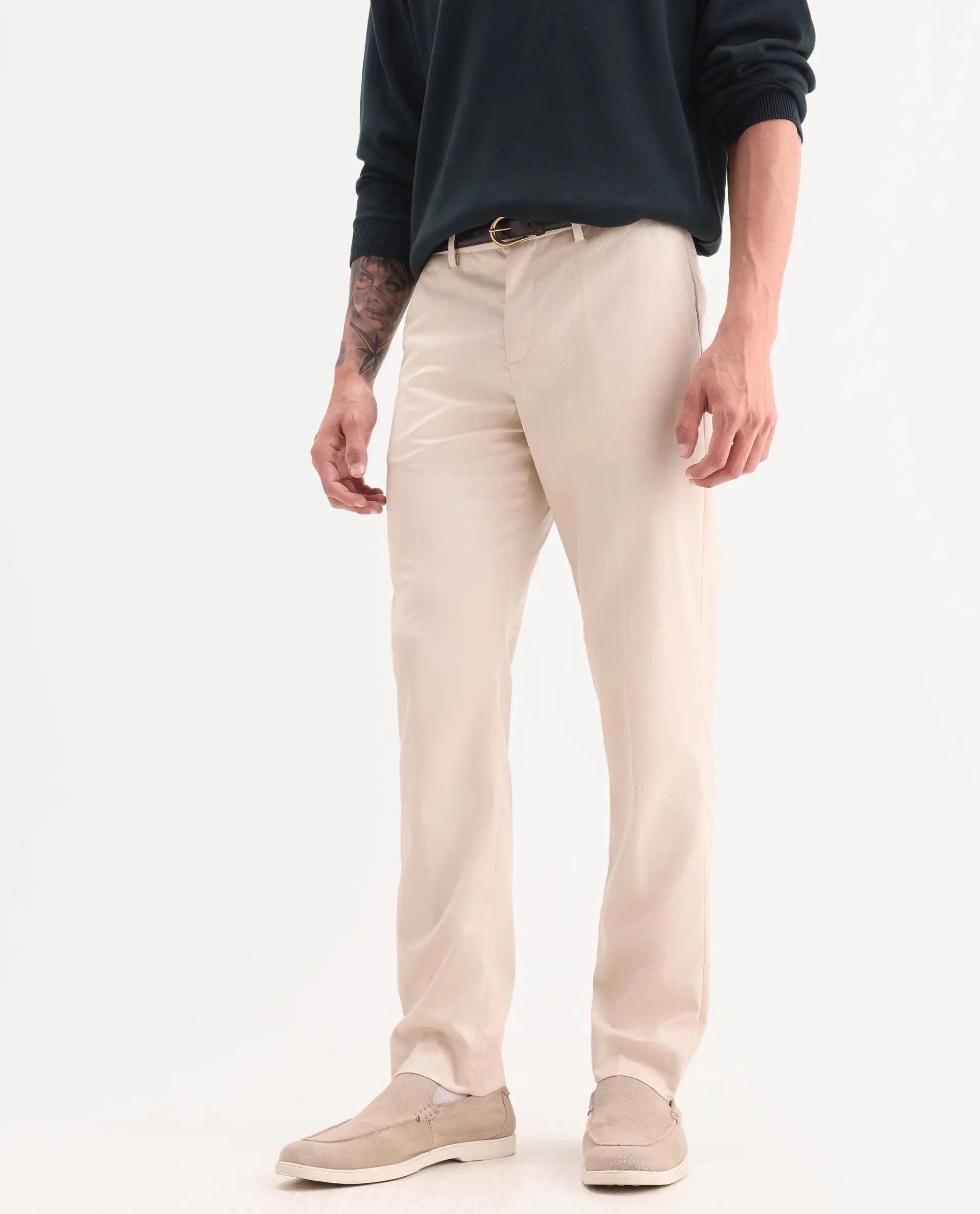 Rare Rabbit Men's Chamer Beige Polyester Plain Regular Fit Trouser