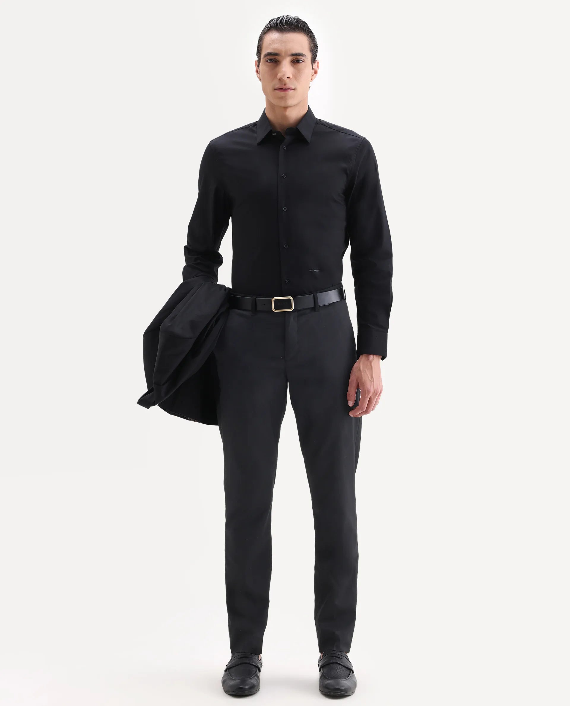 Rare Rabbit Men's Chamer Black Polyester Plain Regular Fit Trouser