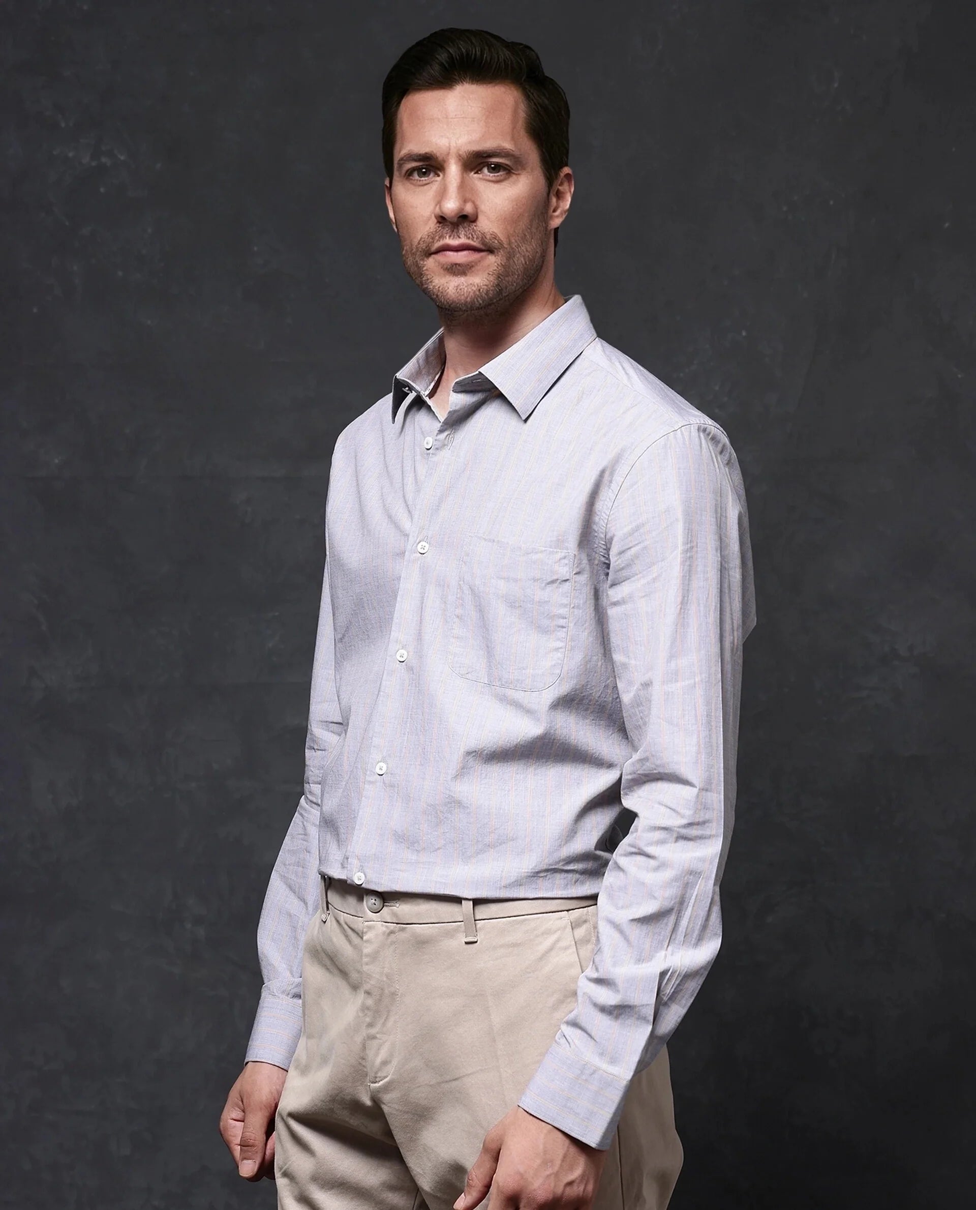 Rare Rabbit Men Charl Beige Cotton Fabric Full Sleeve Regular Fit Self Stripe Dobby Shirt