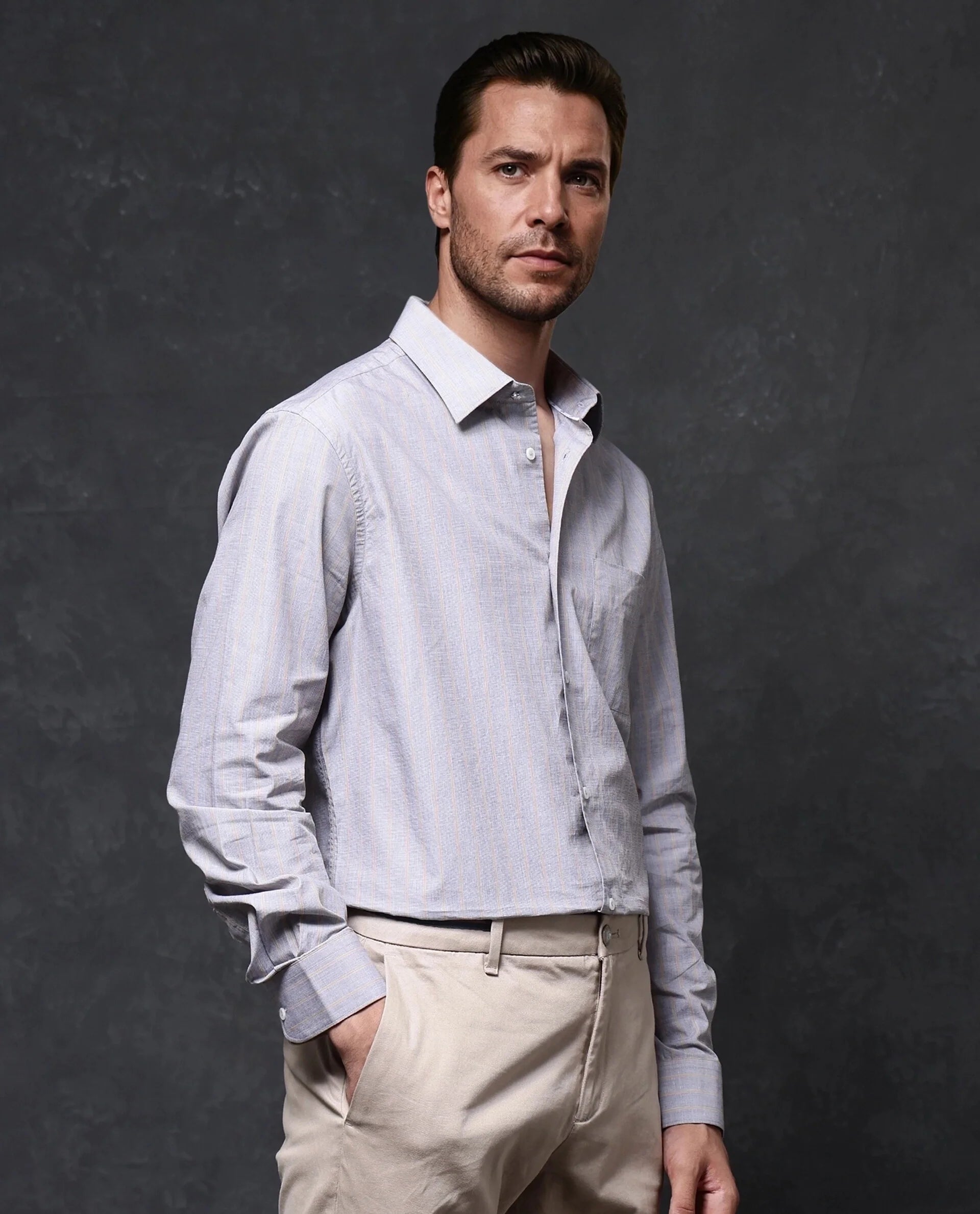 Rare Rabbit Men Charl Beige Cotton Fabric Full Sleeve Regular Fit Self Stripe Dobby Shirt