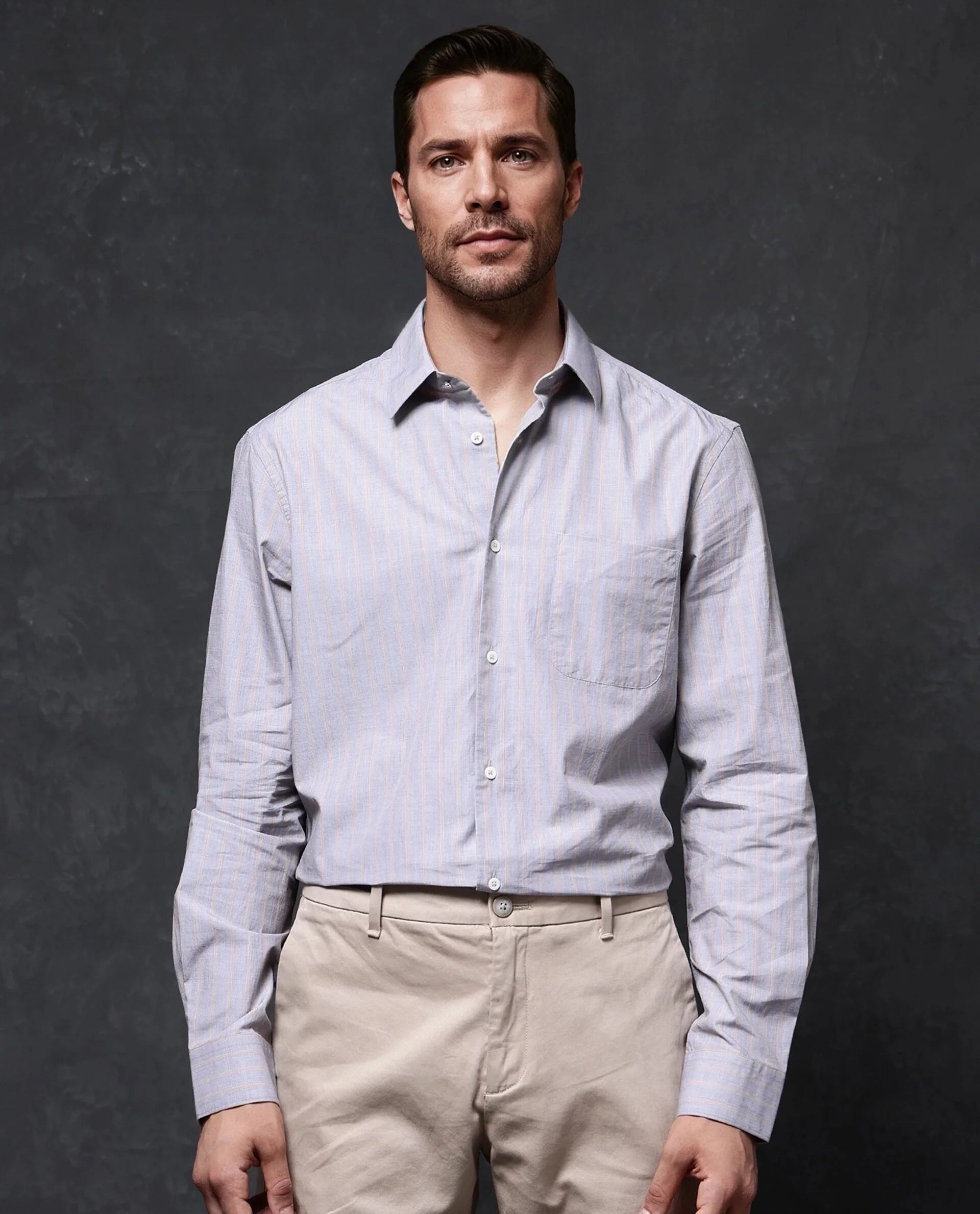 Rare Rabbit Men Charl Beige Cotton Fabric Full Sleeve Regular Fit Self Stripe Dobby Shirt