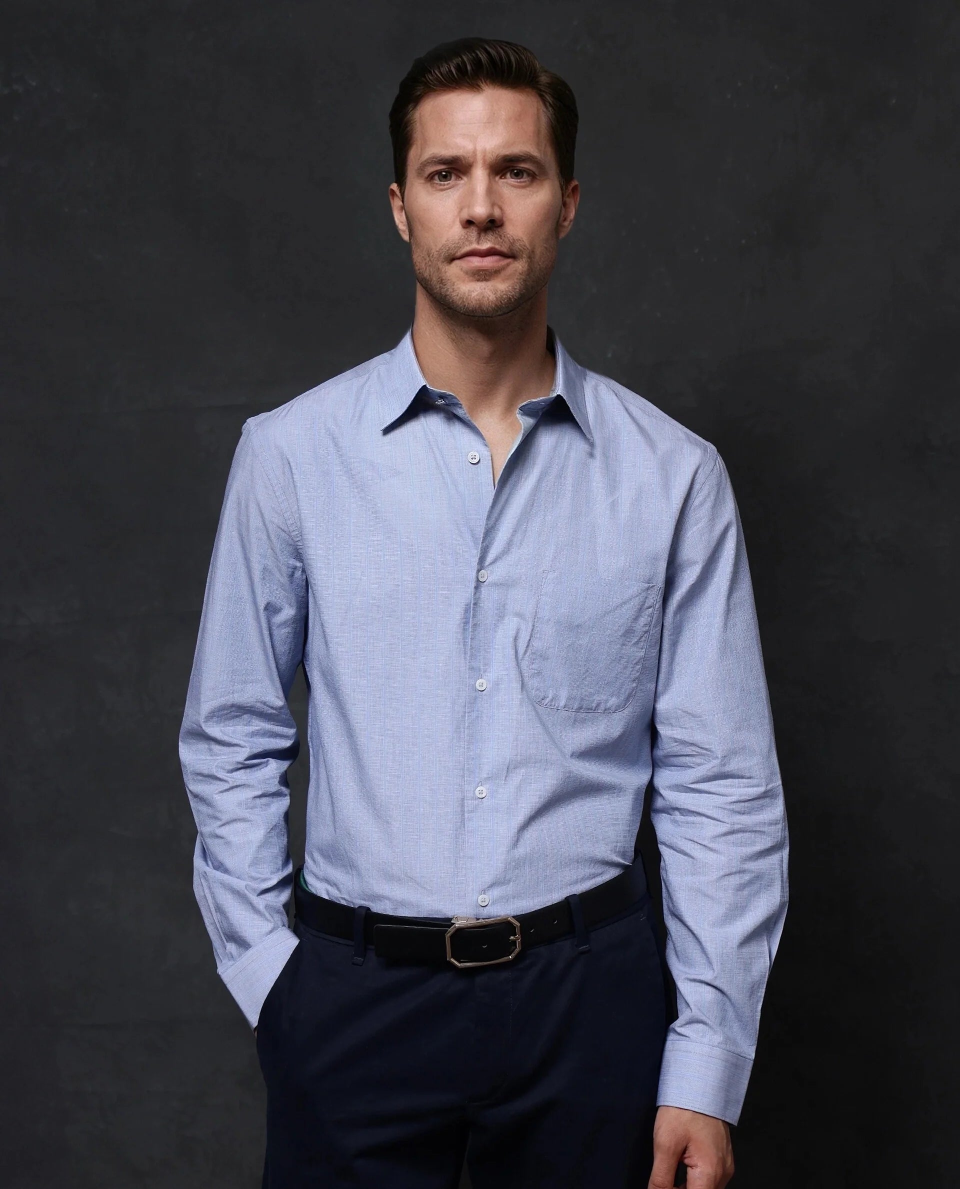 Rare Rabbit Men Charl Light Blue Cotton Fabric Full Sleeve Regular Fit Self Stripe Dobby Shirt