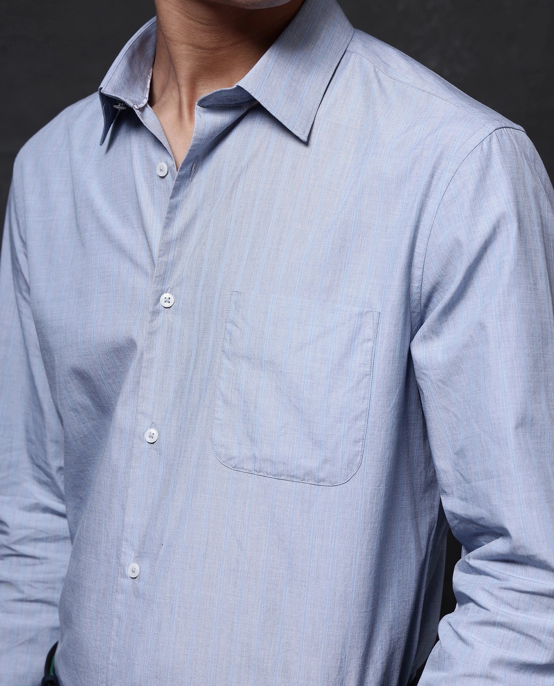 Rare Rabbit Men Charl Light Blue Cotton Fabric Full Sleeve Regular Fit Self Stripe Dobby Shirt