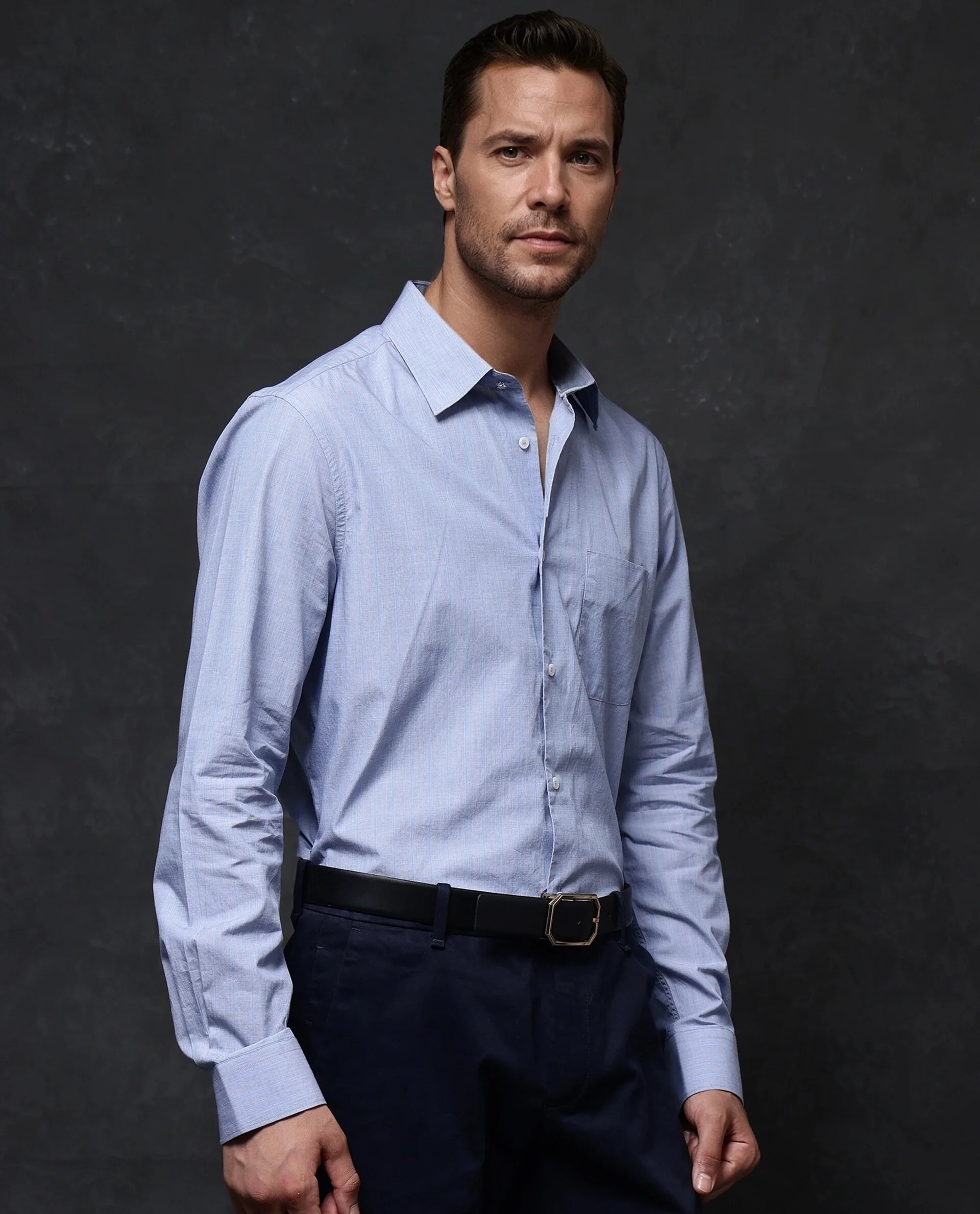 Rare Rabbit Men Charl Light Blue Cotton Fabric Full Sleeve Regular Fit Self Stripe Dobby Shirt