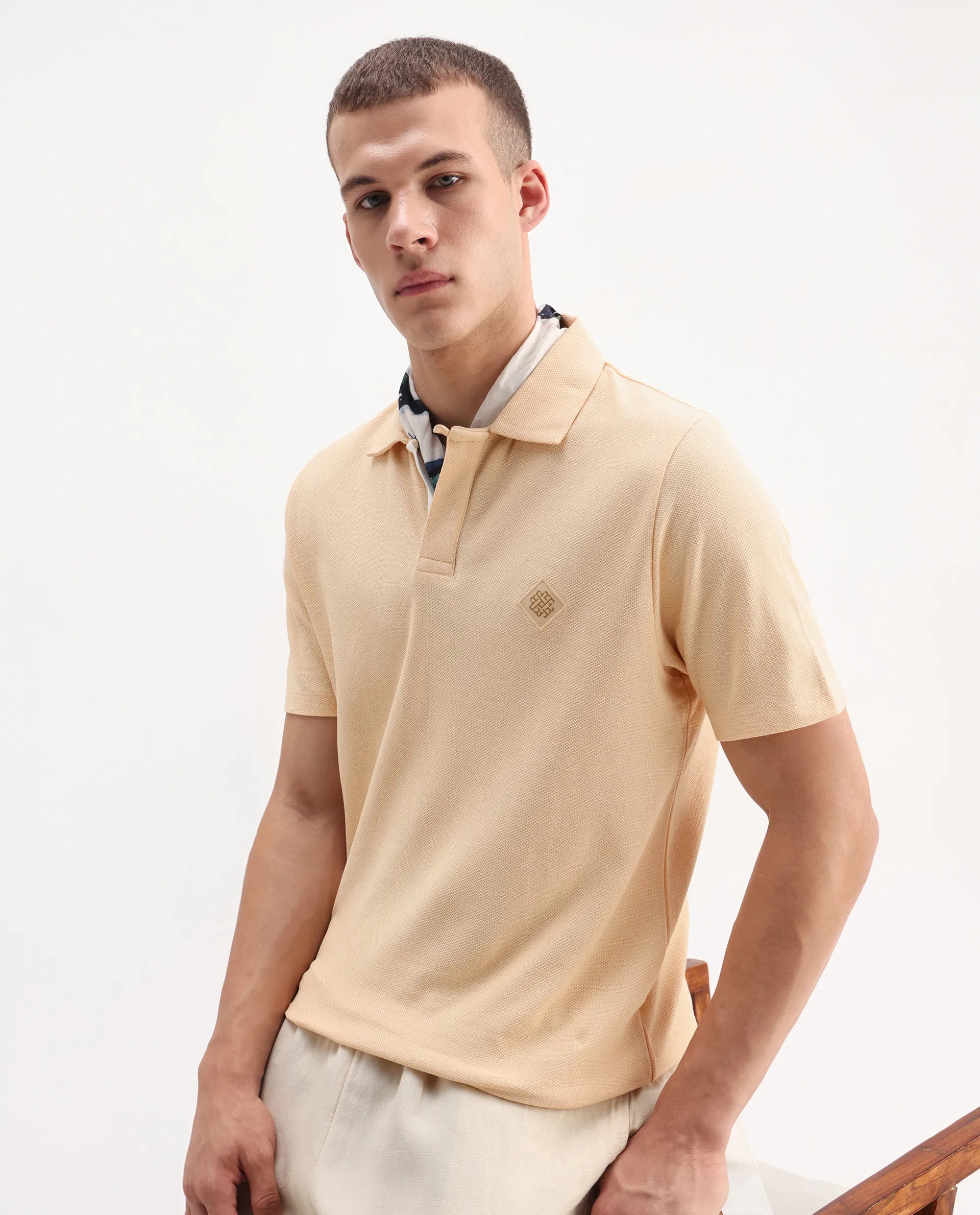 Rare Rabbit Men's Charles Light Yellow Cotton Plain Regular Fit Half Sleeve Polo