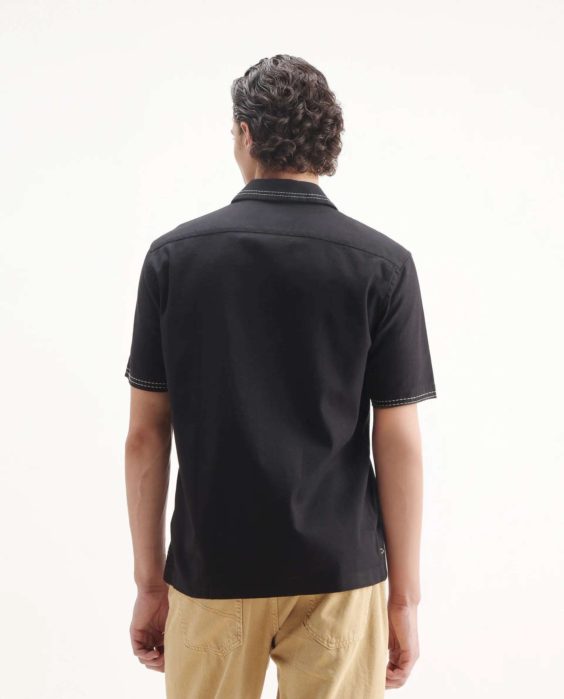 Rare Rabbit Men's Chate Black Cotton Embroidered Relaxed Fit Half Sleeve Cuban Collar Shirt