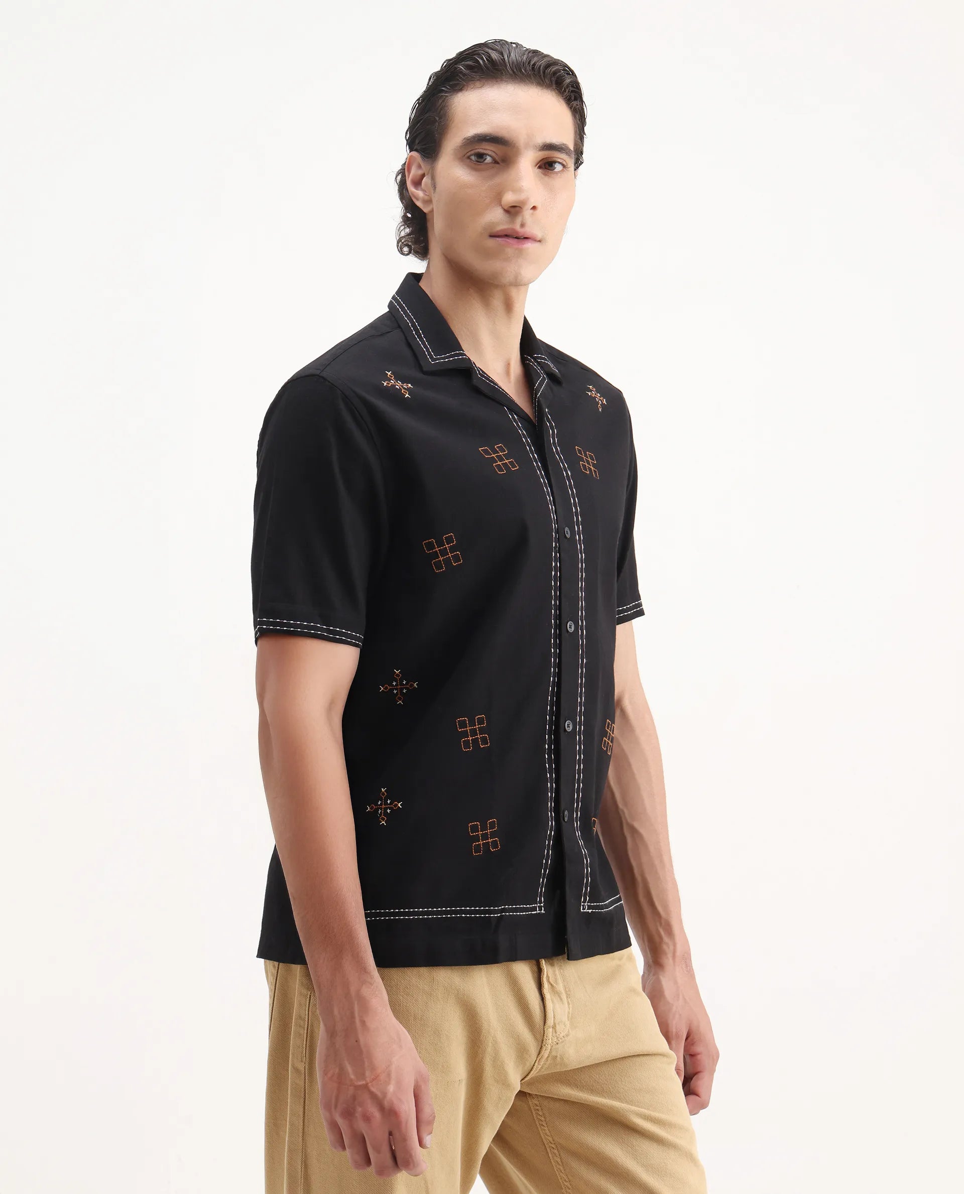 Rare Rabbit Men's Chate Black Cotton Embroidered Relaxed Fit Half Sleeve Cuban Collar Shirt