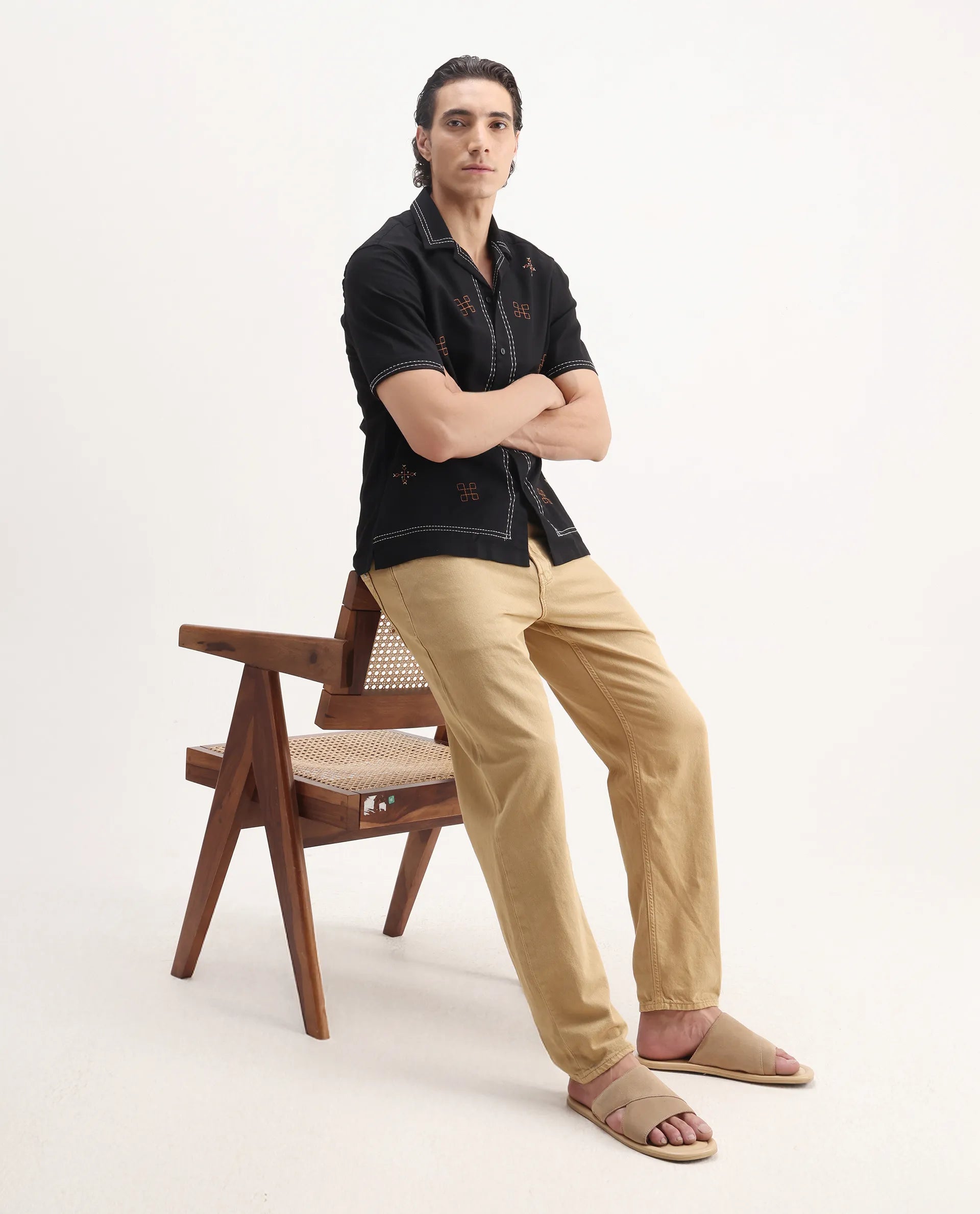 Rare Rabbit Men's Chate Black Cotton Embroidered Relaxed Fit Half Sleeve Cuban Collar Shirt