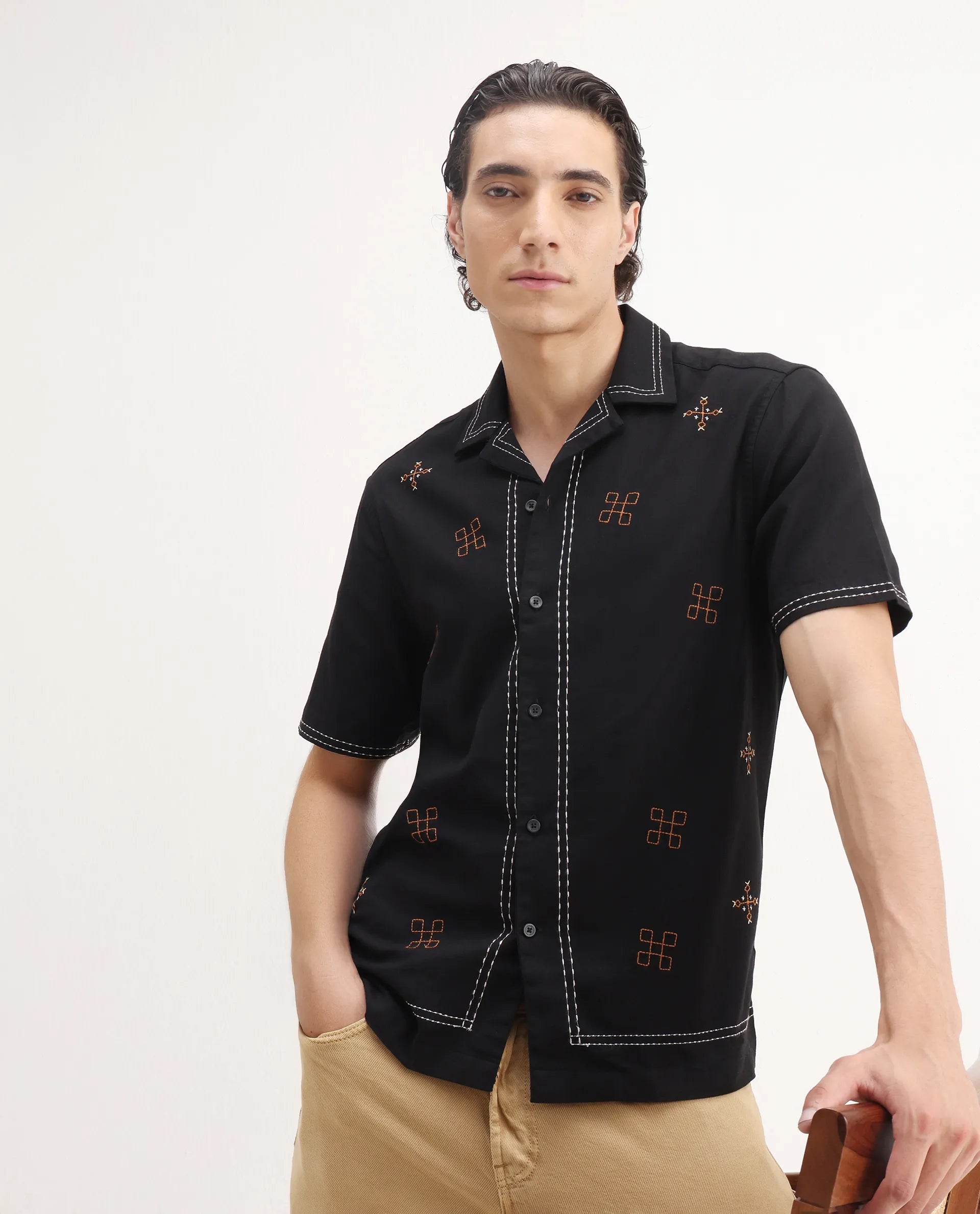Rare Rabbit Men's Chate Black Cotton Embroidered Relaxed Fit Half Sleeve Cuban Collar Shirt