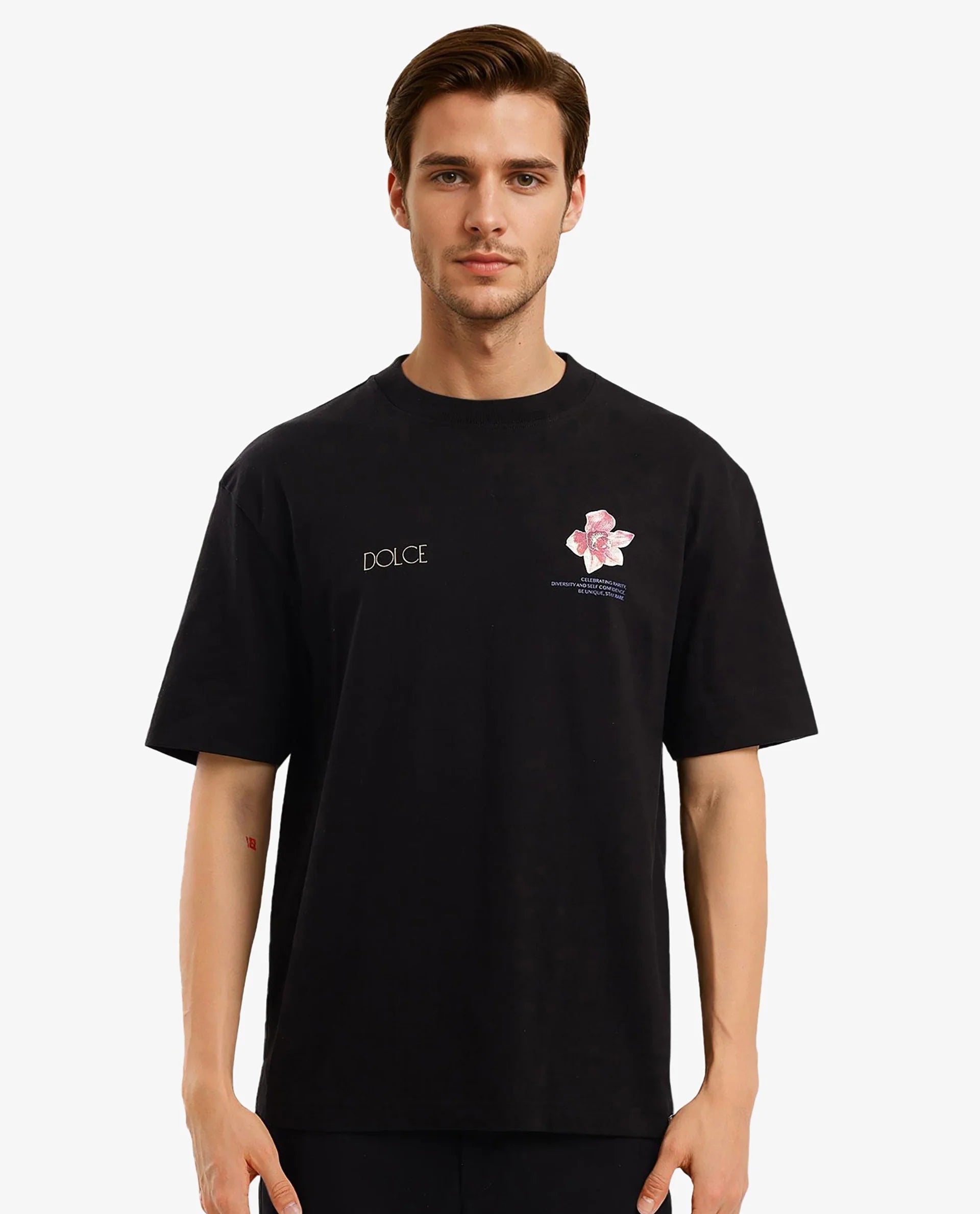 Rare Rabbit Men Chers Black Cotton Fabric Short Sleeve Crew Neck Oversized Fit Graphic Back Print T-Shirt