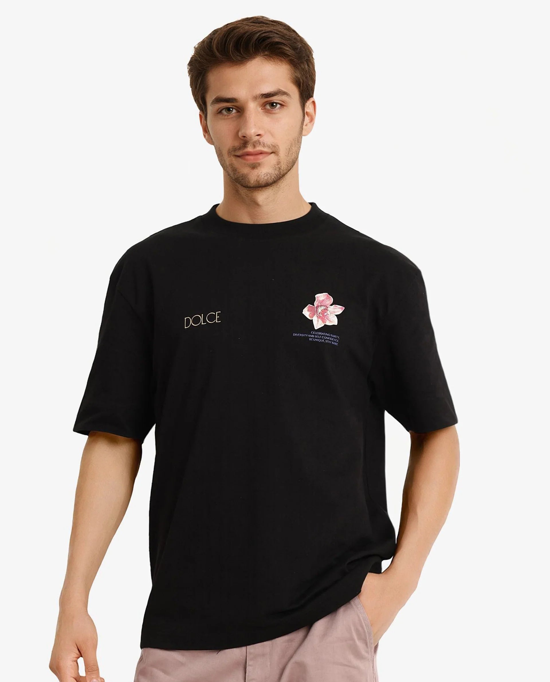 Rare Rabbit Men Chers Black Cotton Fabric Short Sleeve Crew Neck Oversized Fit Graphic Back Print T-Shirt