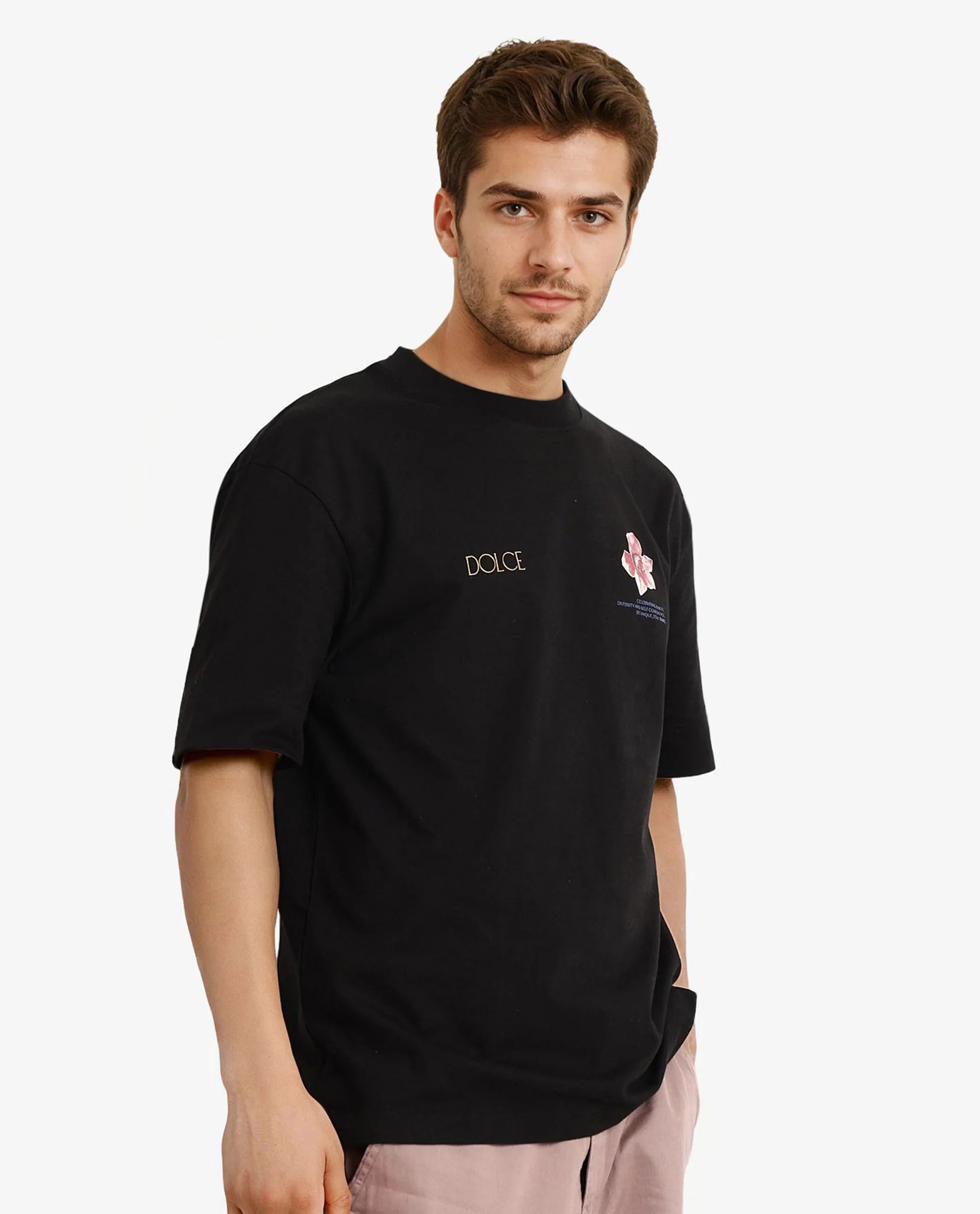 Rare Rabbit Men Chers Black Cotton Fabric Short Sleeve Crew Neck Oversized Fit Graphic Back Print T-Shirt