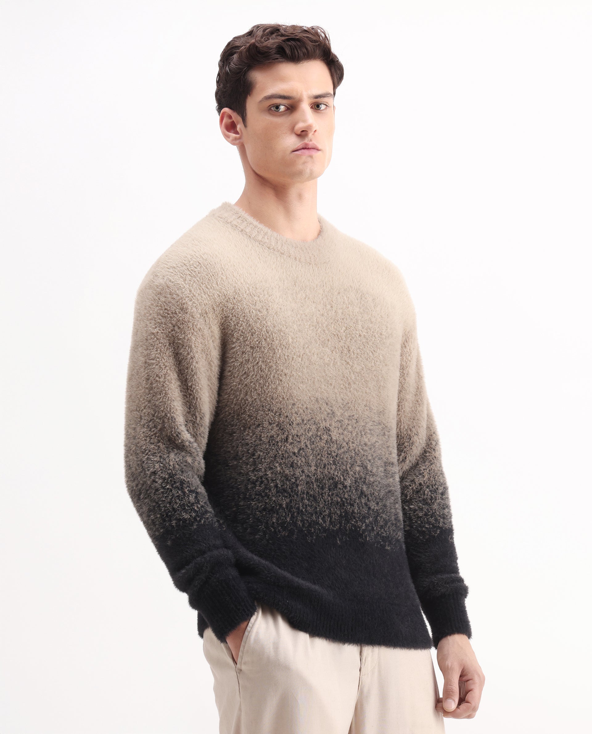 Rare Rabbit Men's Chervs Black Cotton Color Block Regular Fit Full Sleeve Crew Neck Sweater