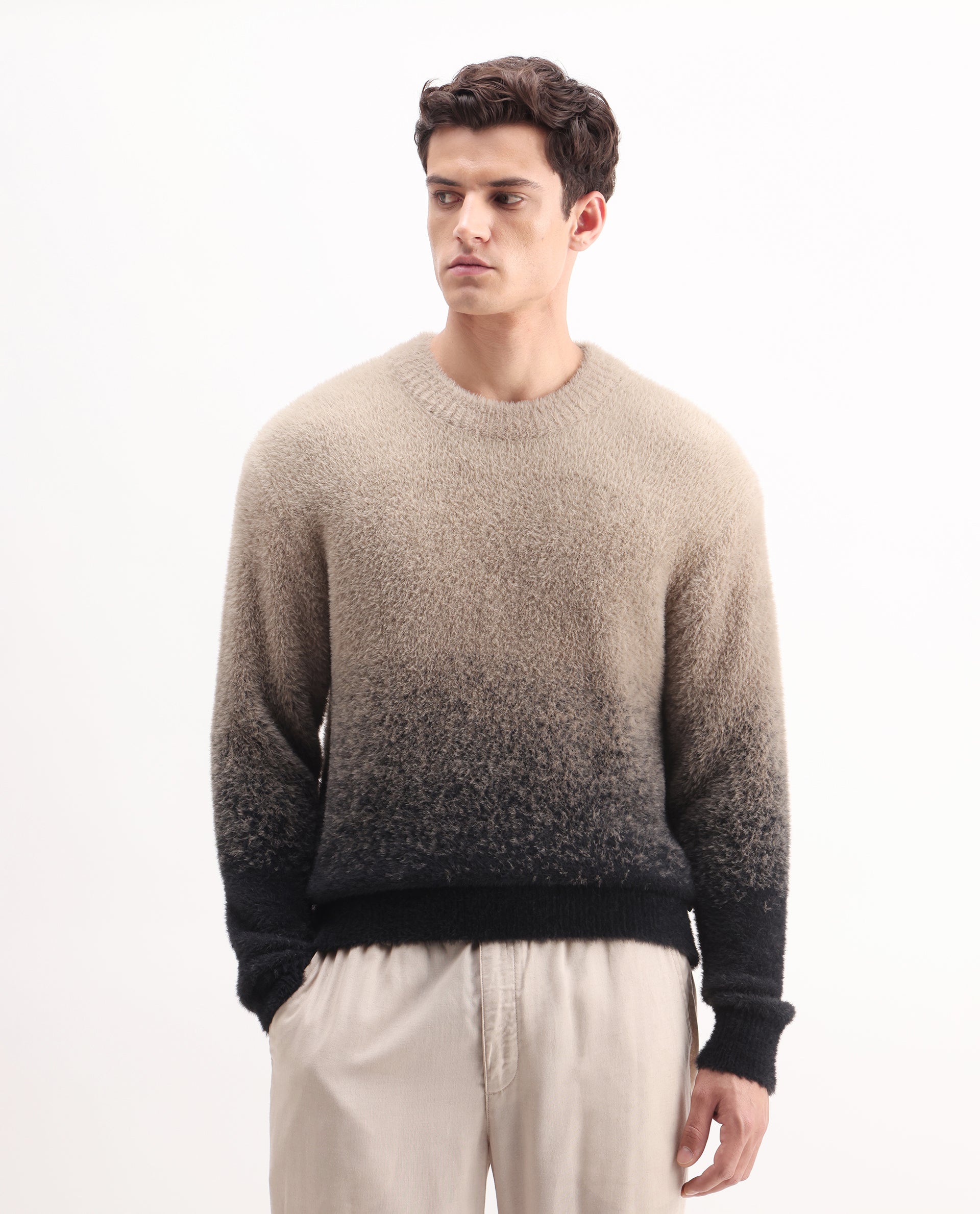 Rare Rabbit Men's Chervs Black Cotton Color Block Regular Fit Full Sleeve Crew Neck Sweater