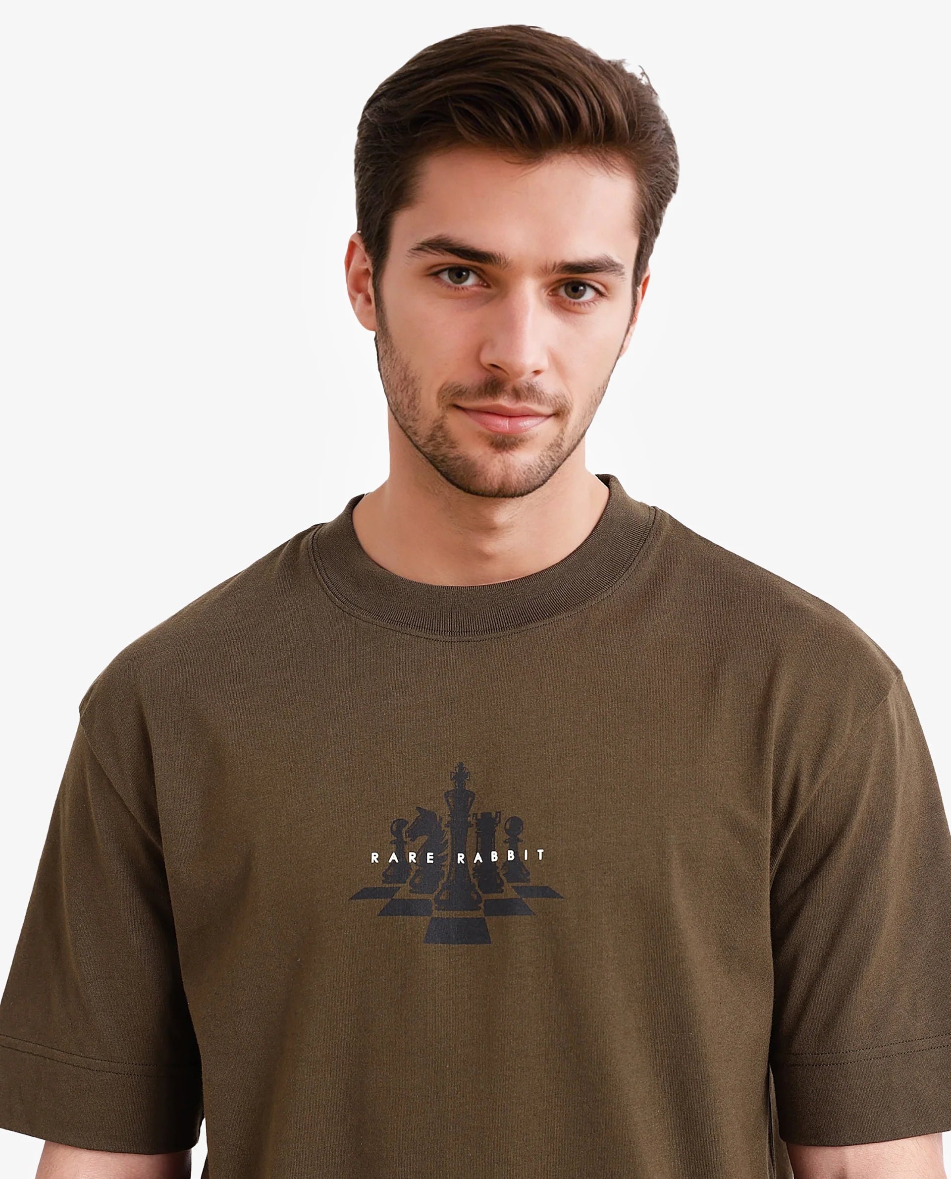 Rare Rabbit Men Chess Olive Cotton Fabric Short Sleeve Crew Neck Oversized Fit Graphic Print T-Shirt