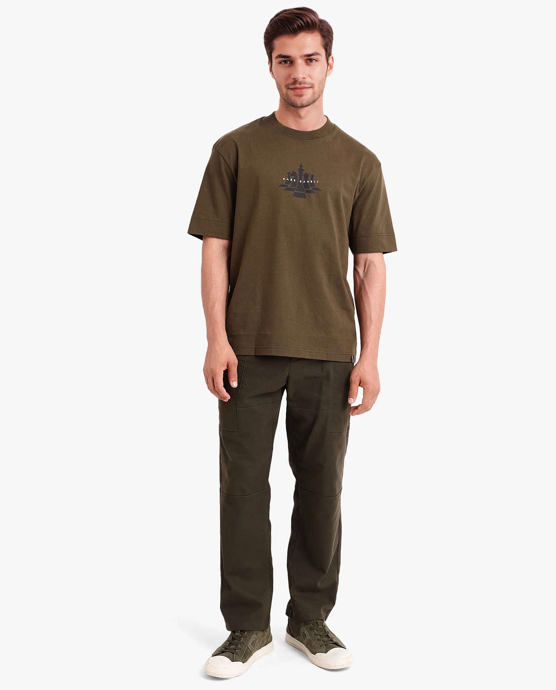 Rare Rabbit Men Chess Olive Cotton Fabric Short Sleeve Crew Neck Oversized Fit Graphic Print T-Shirt