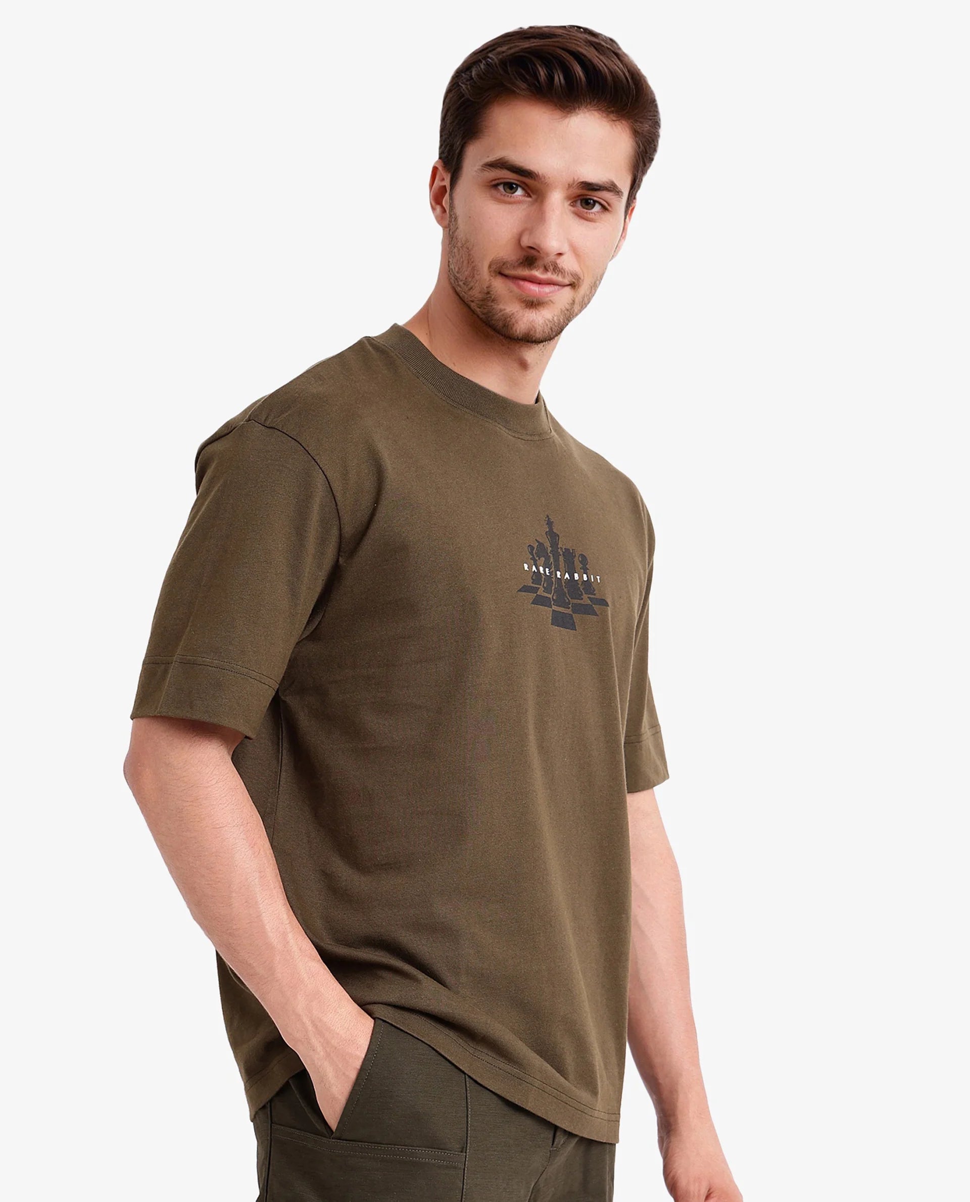 Rare Rabbit Men Chess Olive Cotton Fabric Short Sleeve Crew Neck Oversized Fit Graphic Print T-Shirt