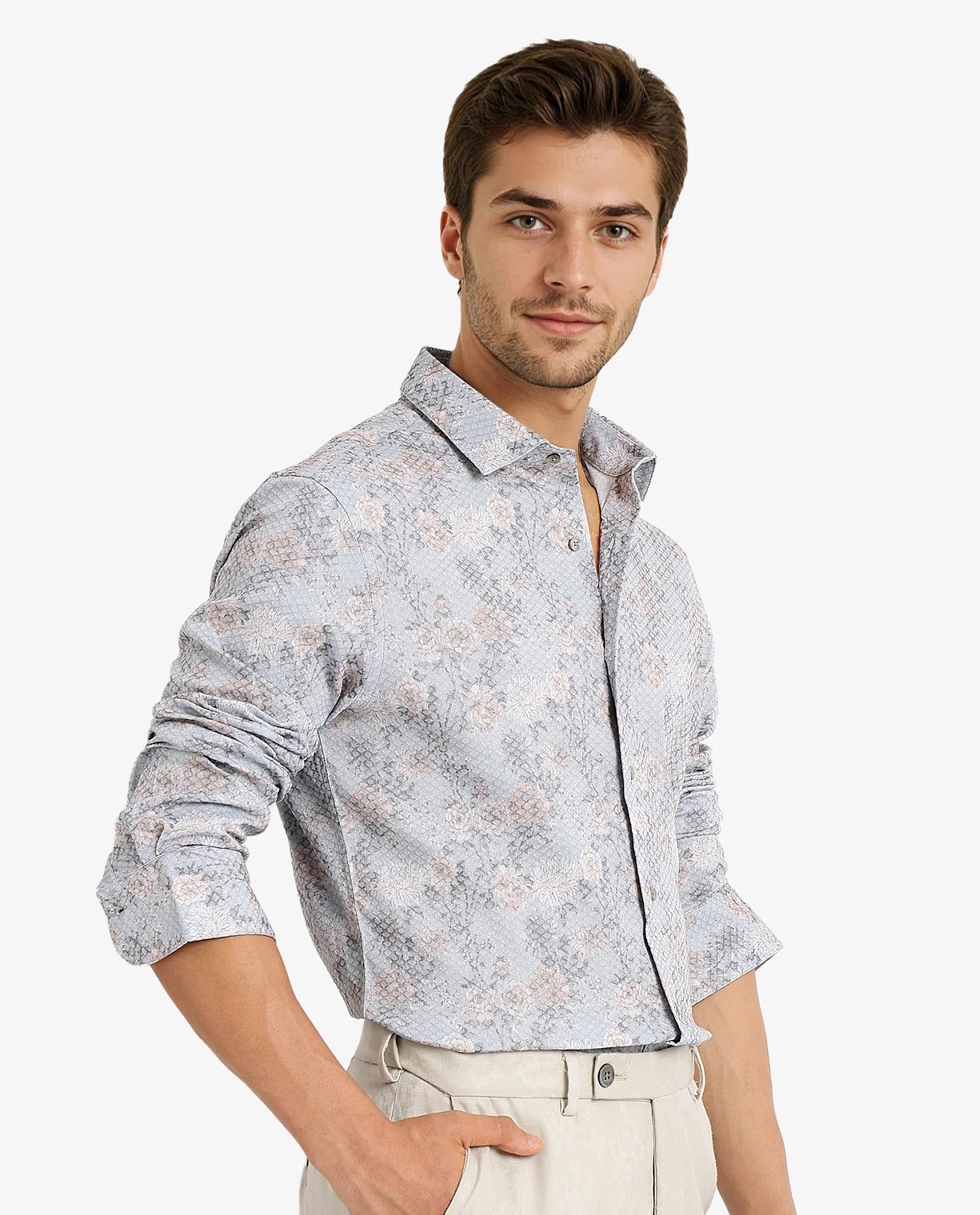 Rare Rabbit Men Chester Pastel Blue Cotton Polyester Fabric Blend Full Sleeve Regular Fit Floral Print Textured Shirt