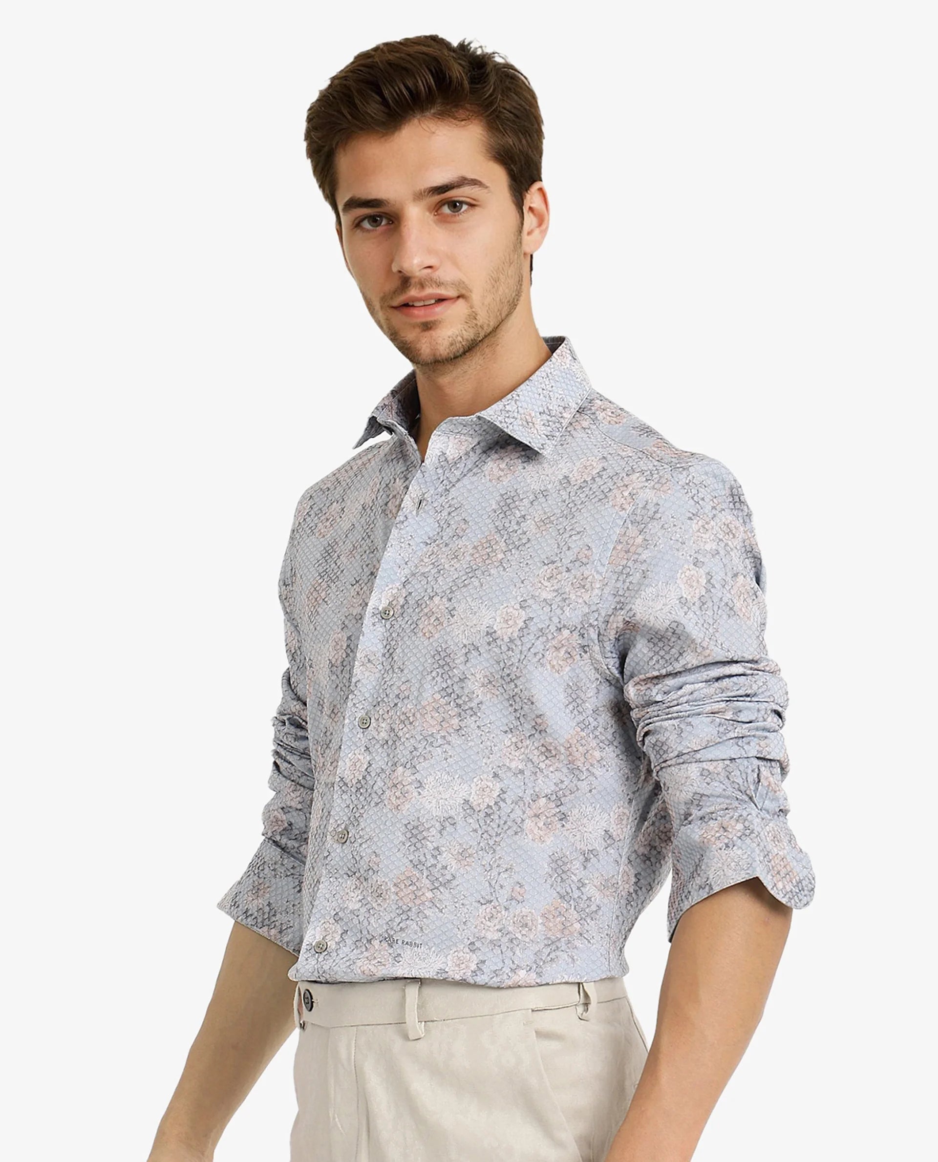 Rare Rabbit Men Chester Pastel Blue Cotton Polyester Fabric Blend Full Sleeve Regular Fit Floral Print Textured Shirt
