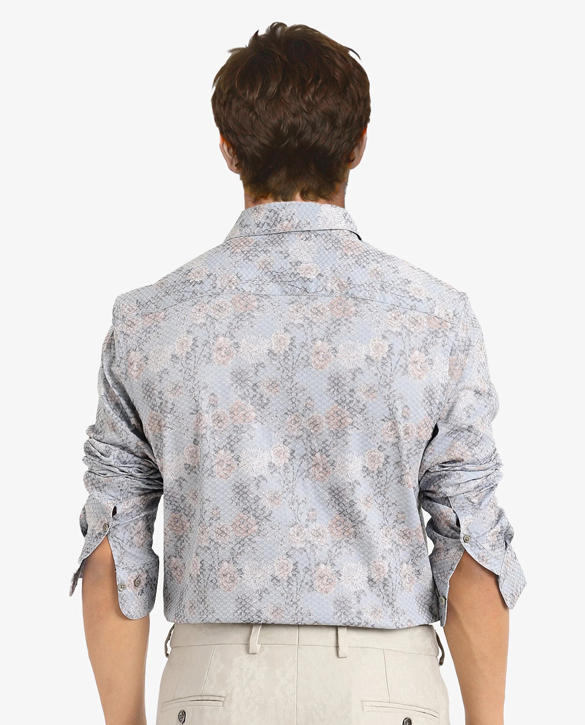 Rare Rabbit Men Chester Pastel Blue Cotton Polyester Fabric Blend Full Sleeve Regular Fit Floral Print Textured Shirt