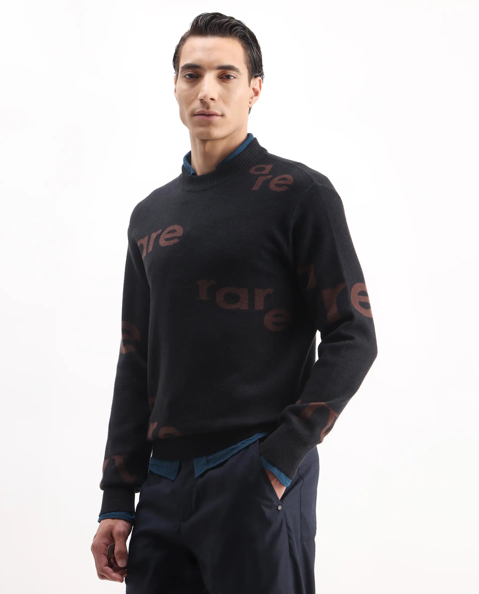 Rare Rabbit Men's Chet Dark Green Viscose Monogram Print Regular Fit Full Sleeve Crew Neck Sweater