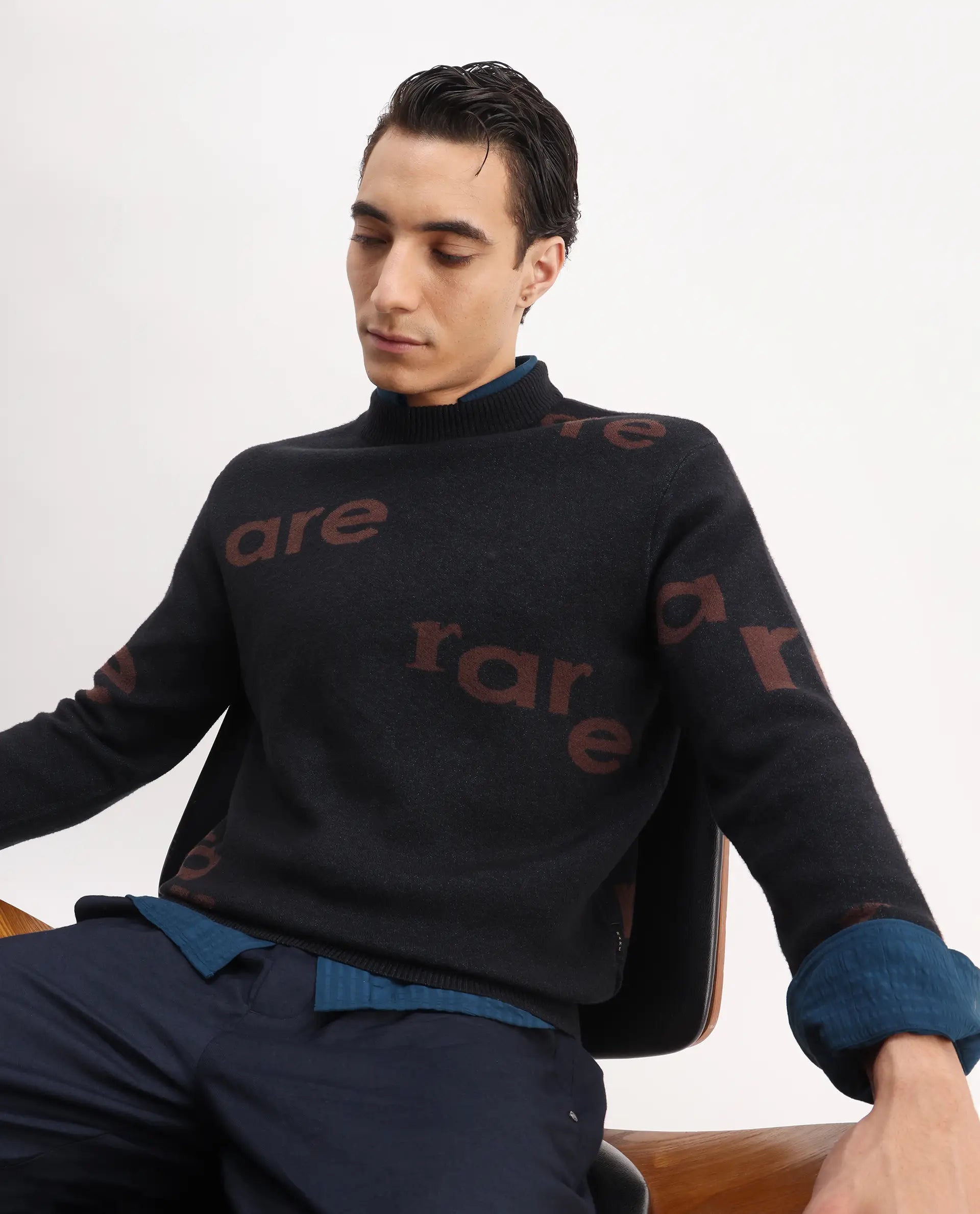 Rare Rabbit Men's Chet Dark Green Viscose Monogram Print Regular Fit Full Sleeve Crew Neck Sweater