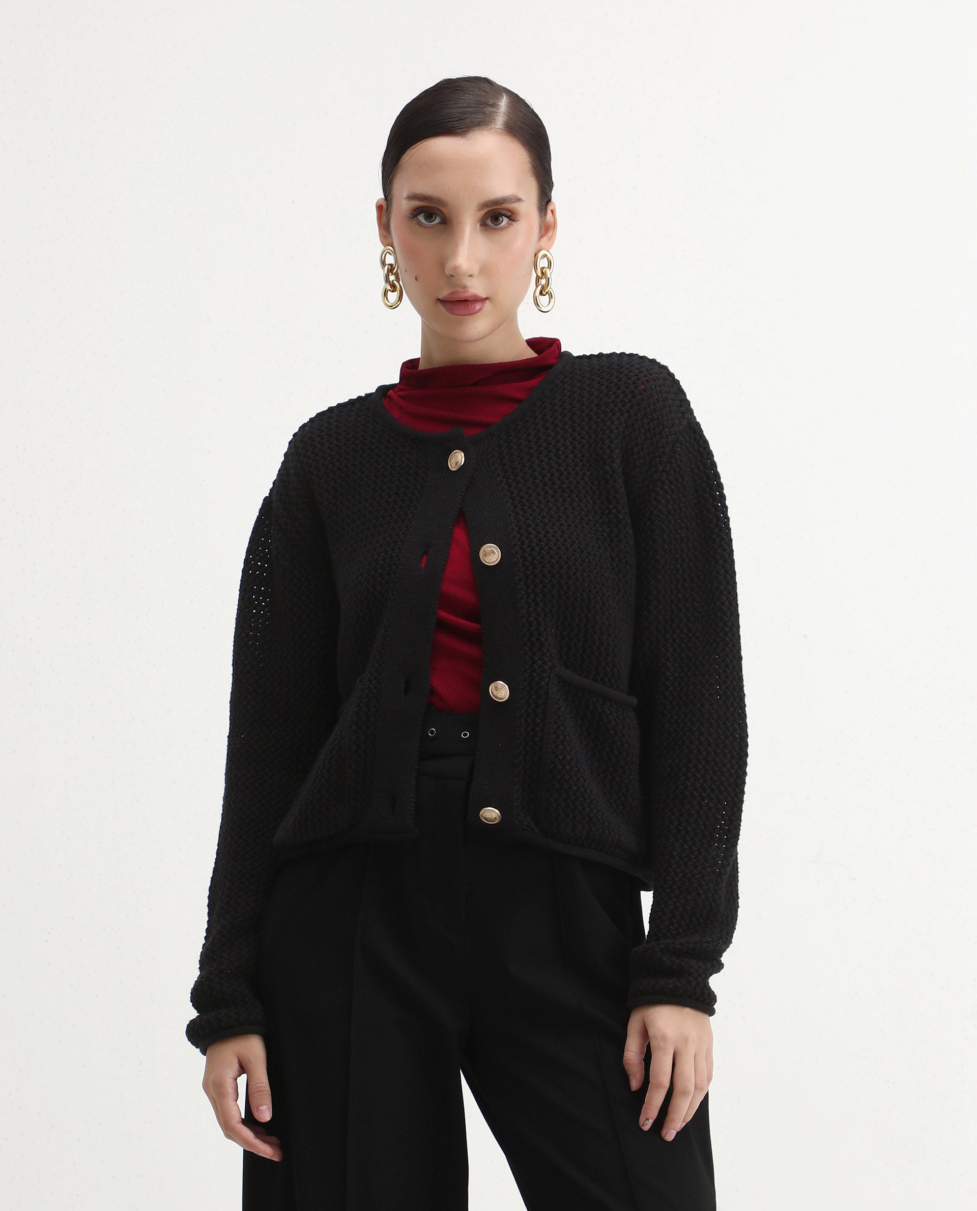 Rareism Women's Chetza Black Cotton Crew Neck Relaxed Fit Cardigan