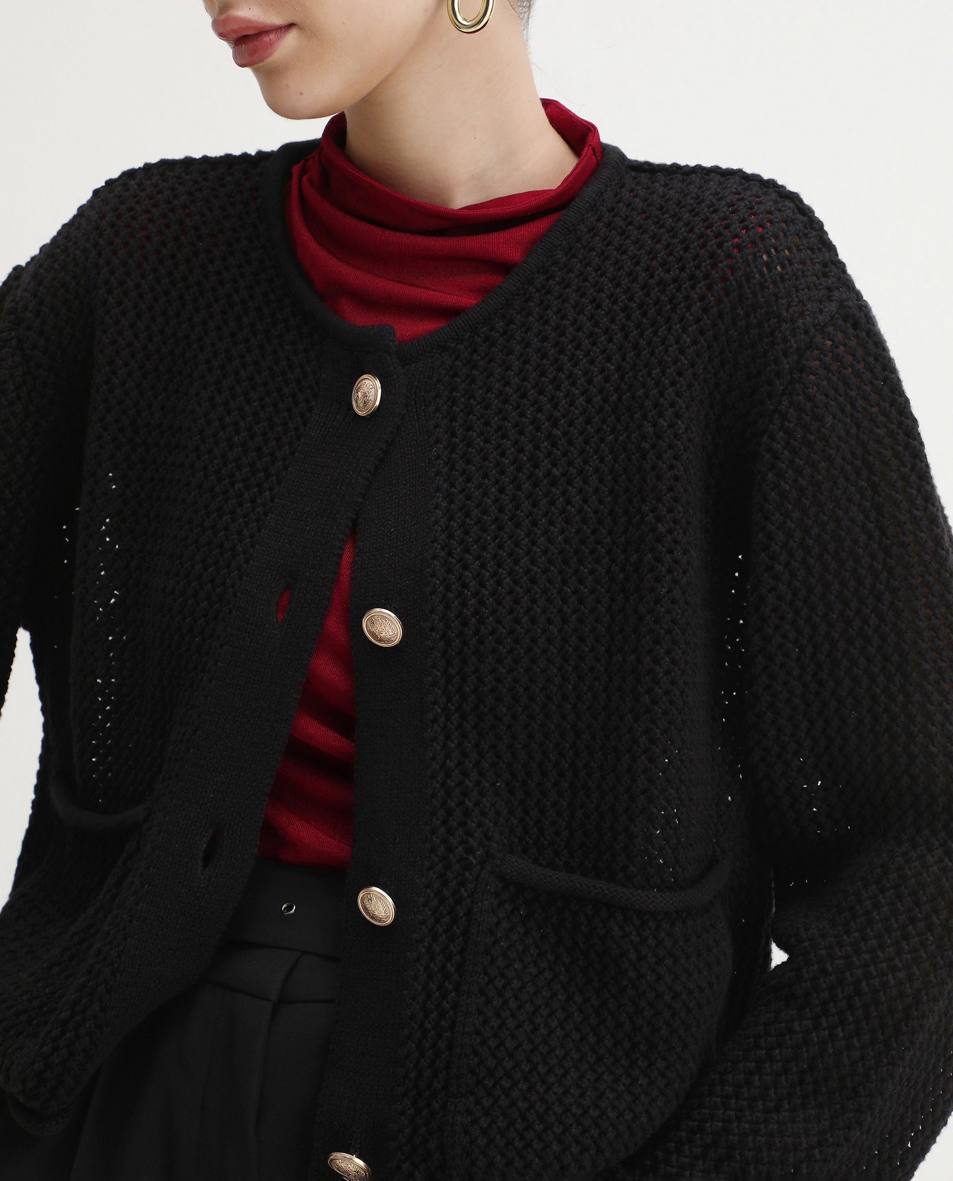 Rareism Women's Chetza Black Cotton Crew Neck Relaxed Fit Cardigan