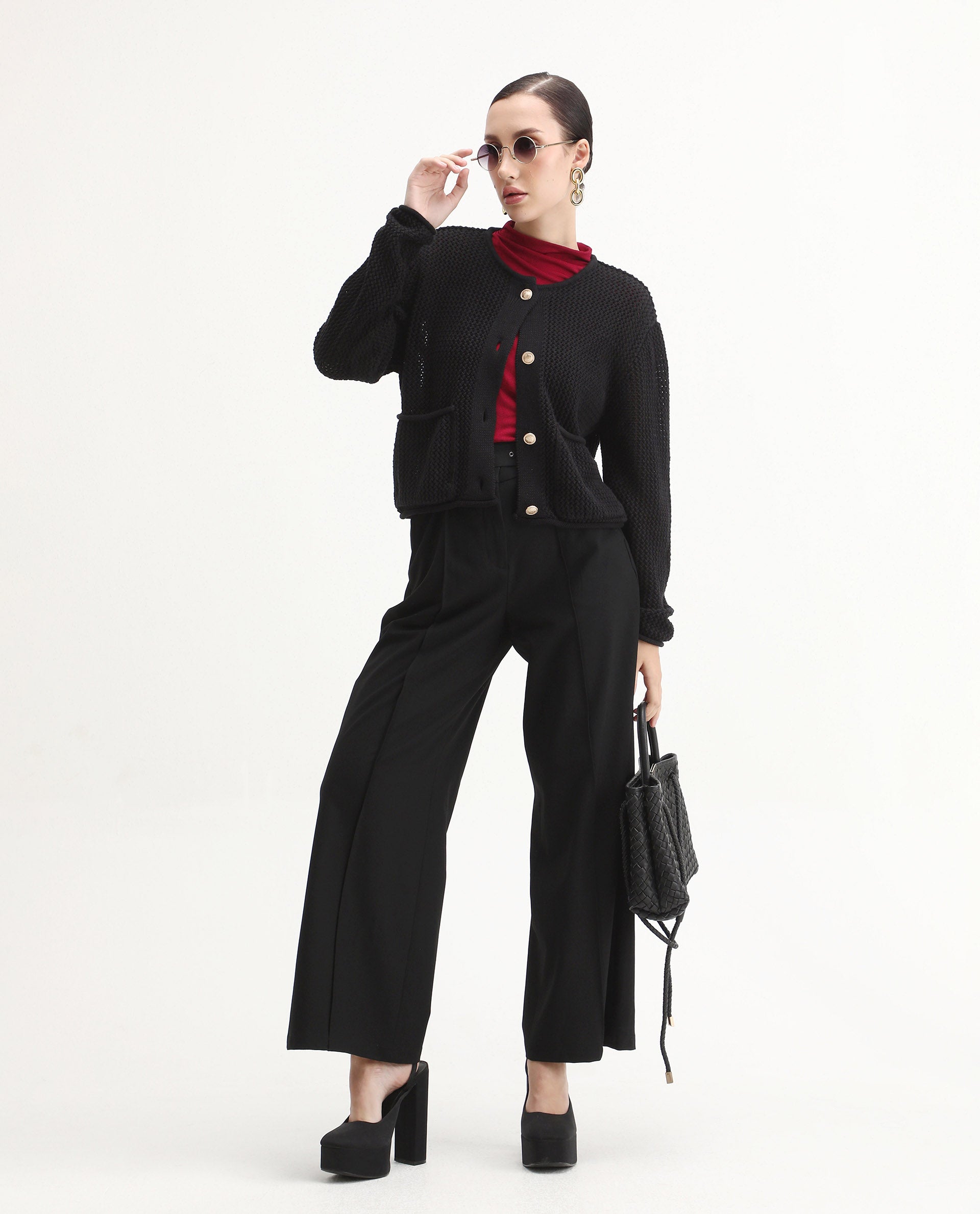 Rareism Women's Chetza Black Cotton Crew Neck Relaxed Fit Cardigan