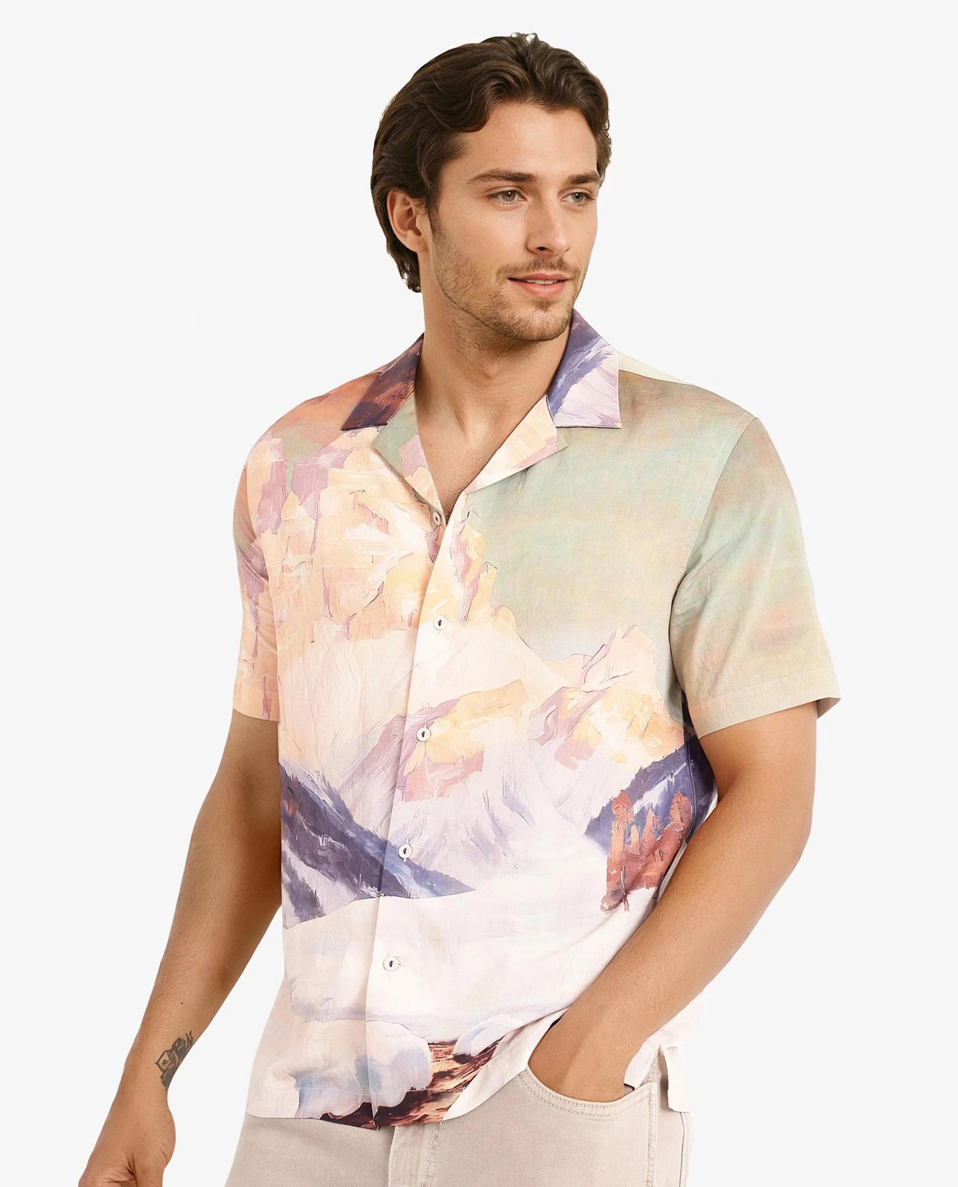 Rare Rabbit Men Chil Light Orange Short Sleeve Cuban Collar Boxy Fit Decorative Print Shirt