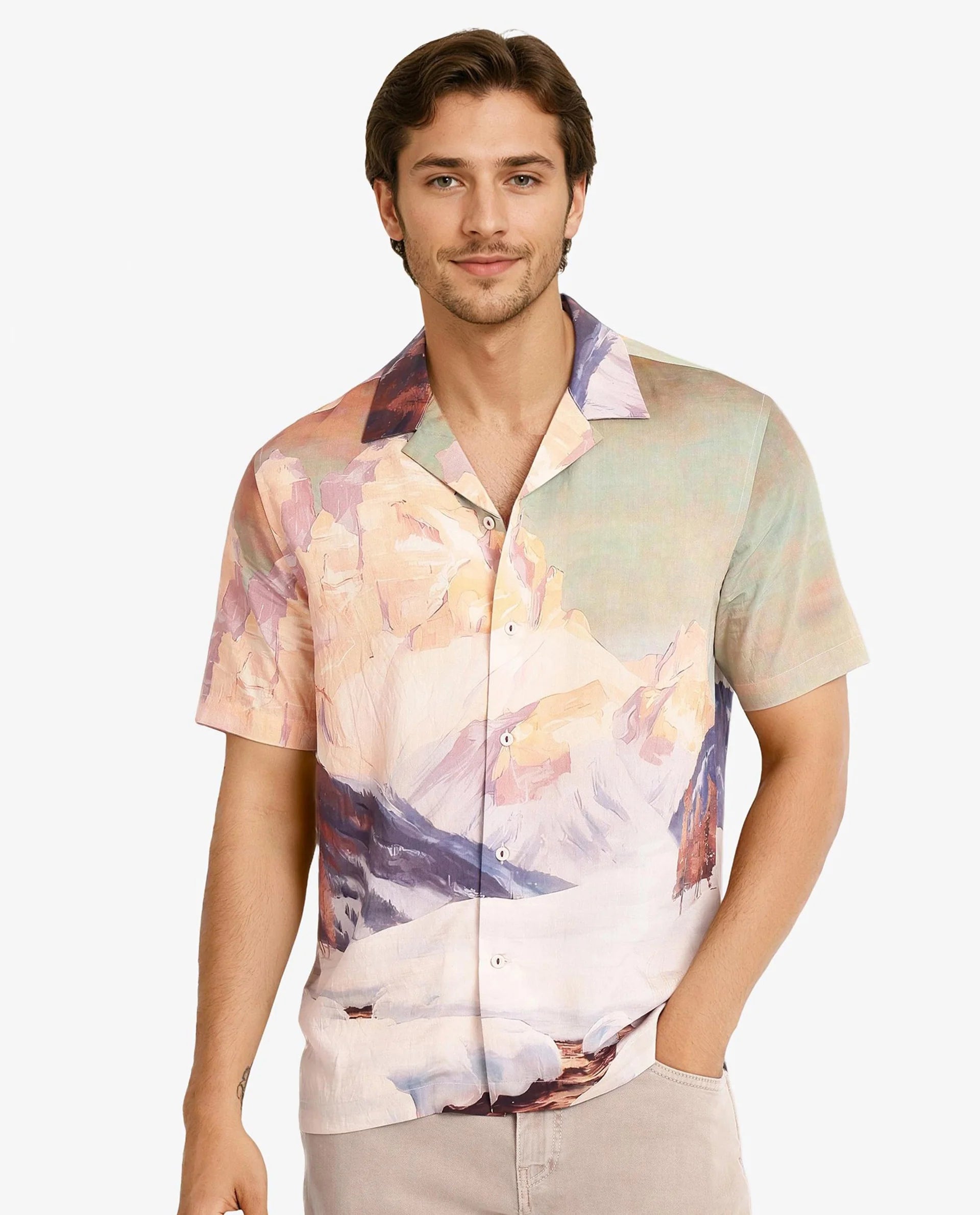 Rare Rabbit Men Chil Light Orange Short Sleeve Cuban Collar Boxy Fit Decorative Print Shirt