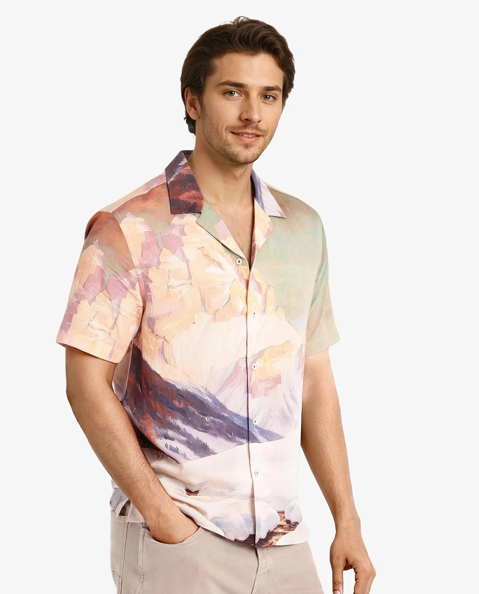 Rare Rabbit Men Chil Light Orange Short Sleeve Cuban Collar Boxy Fit Decorative Print Shirt