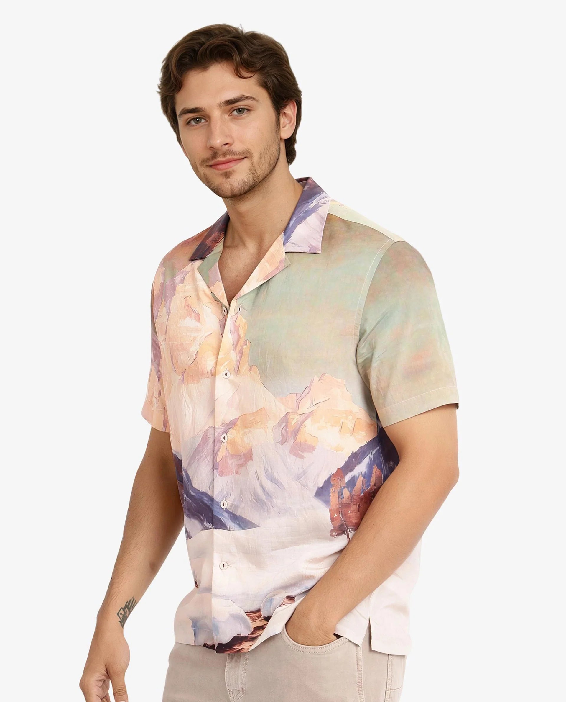 Rare Rabbit Men Chil Light Orange Short Sleeve Cuban Collar Boxy Fit Decorative Print Shirt