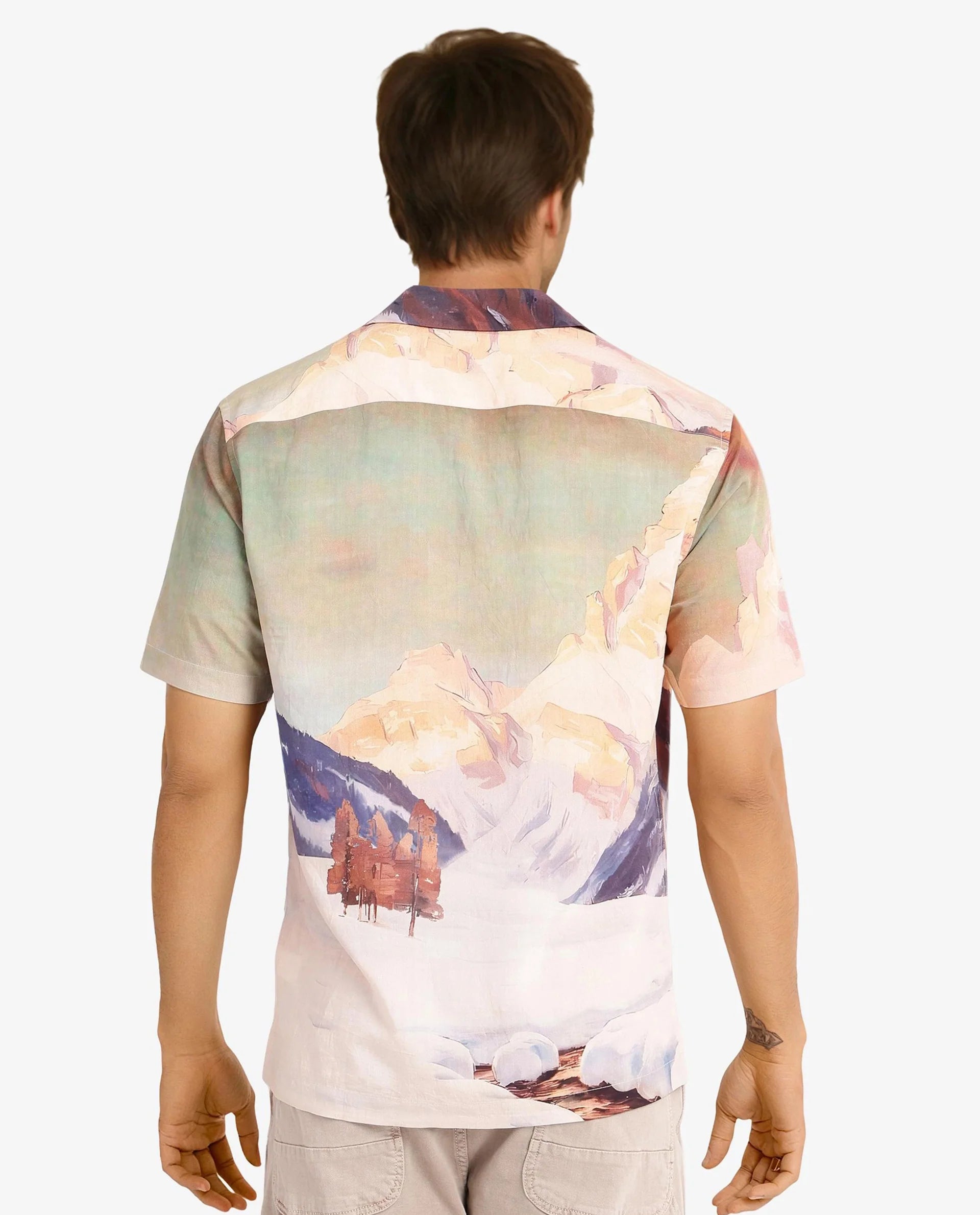 Rare Rabbit Men Chil Light Orange Short Sleeve Cuban Collar Boxy Fit Decorative Print Shirt