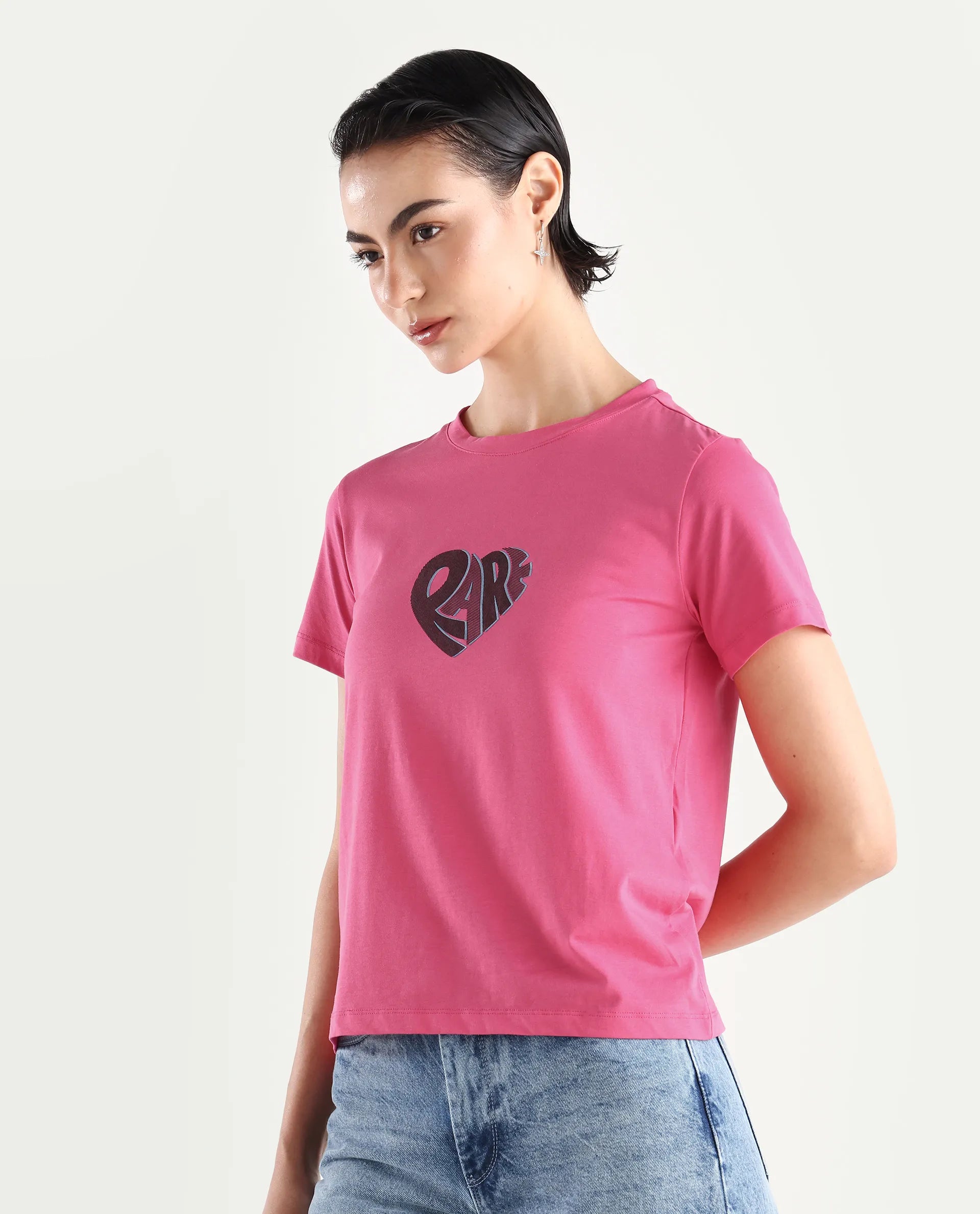 Rareism Women's Ciara Flouroscent Pink Cotton Blend Crew Neck Graphic Print Regular Fit T-Shirt
