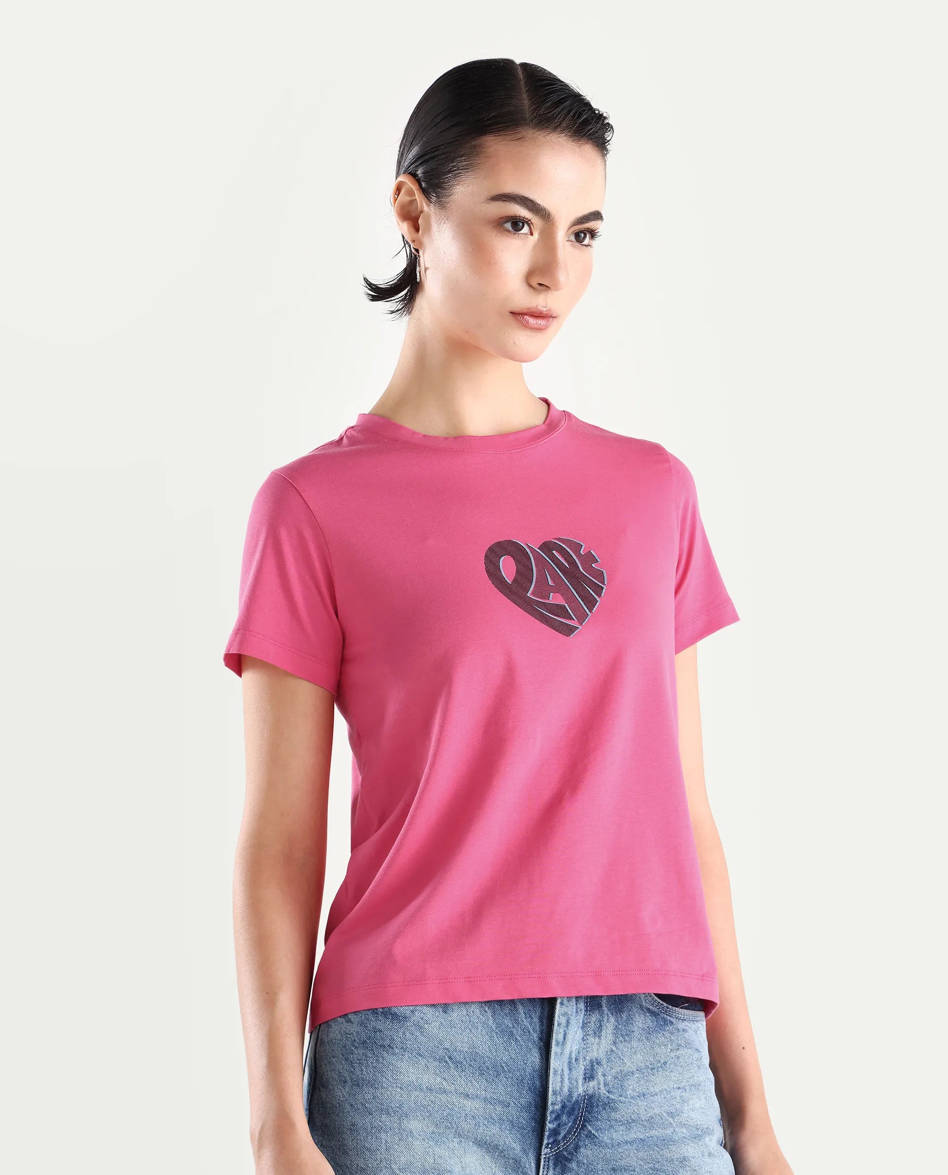 Rareism Women's Ciara Flouroscent Pink Cotton Blend Crew Neck Graphic Print Regular Fit T-Shirt