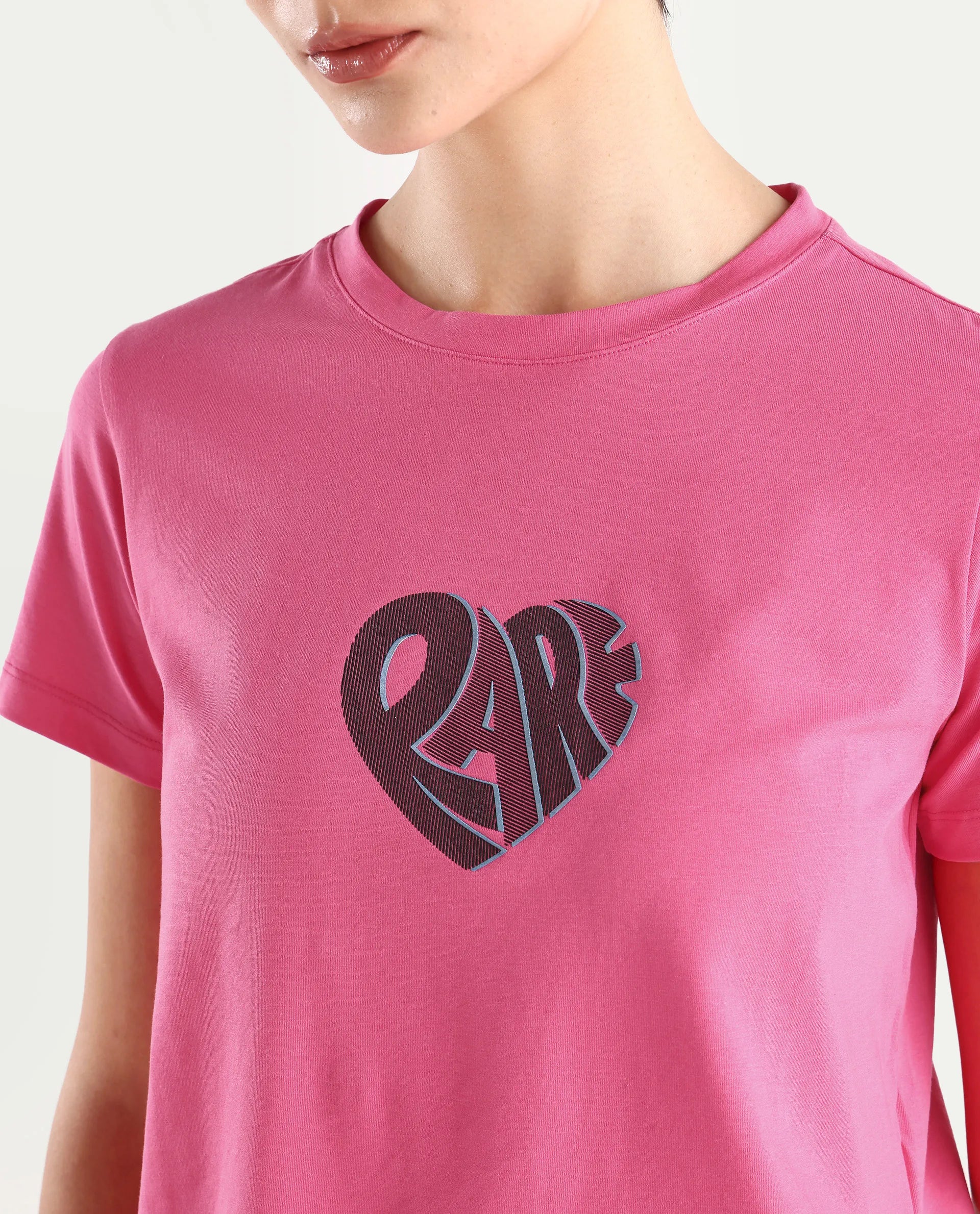 Rareism Women's Ciara Flouroscent Pink Cotton Blend Crew Neck Graphic Print Regular Fit T-Shirt