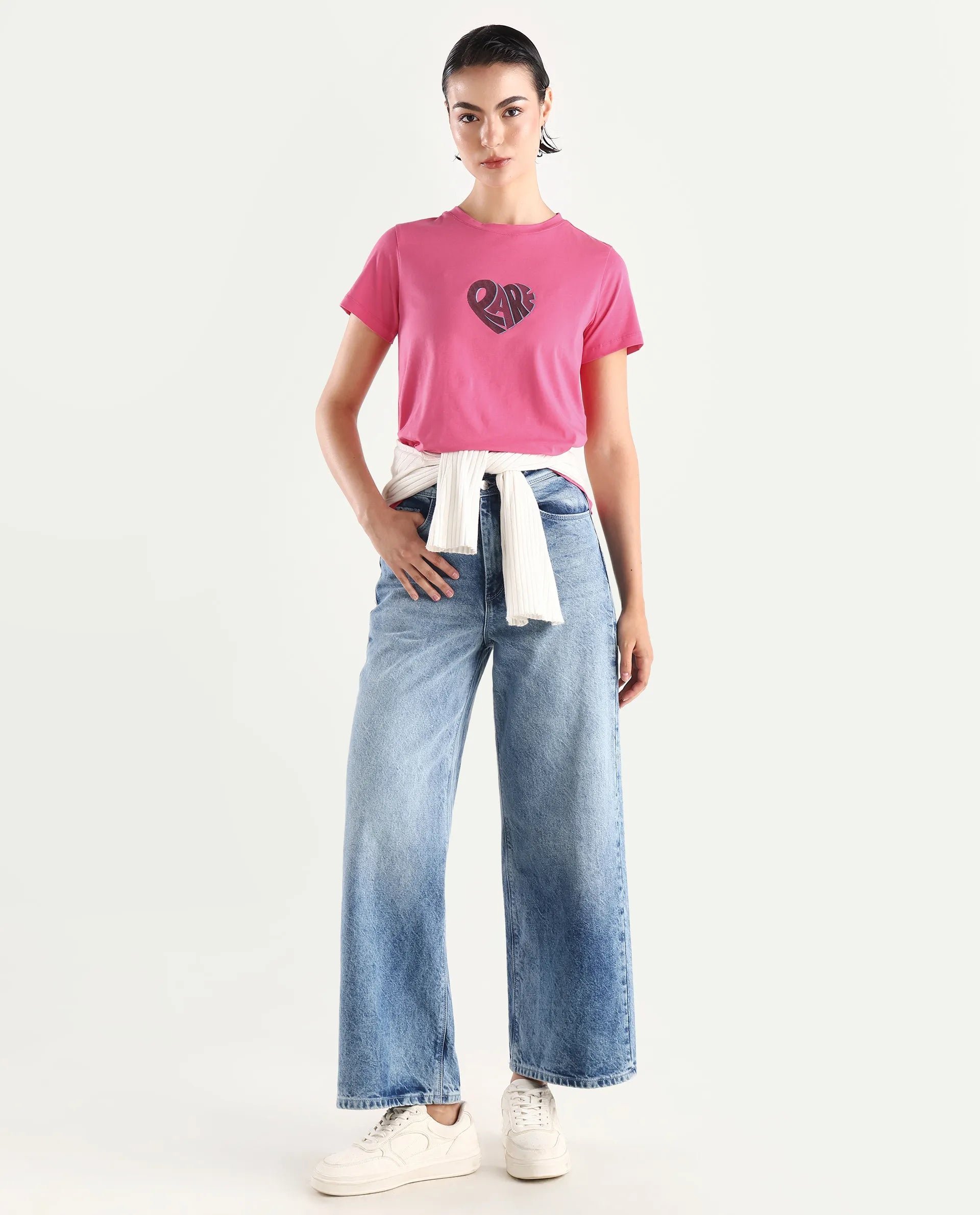 Rareism Women's Ciara Flouroscent Pink Cotton Blend Crew Neck Graphic Print Regular Fit T-Shirt