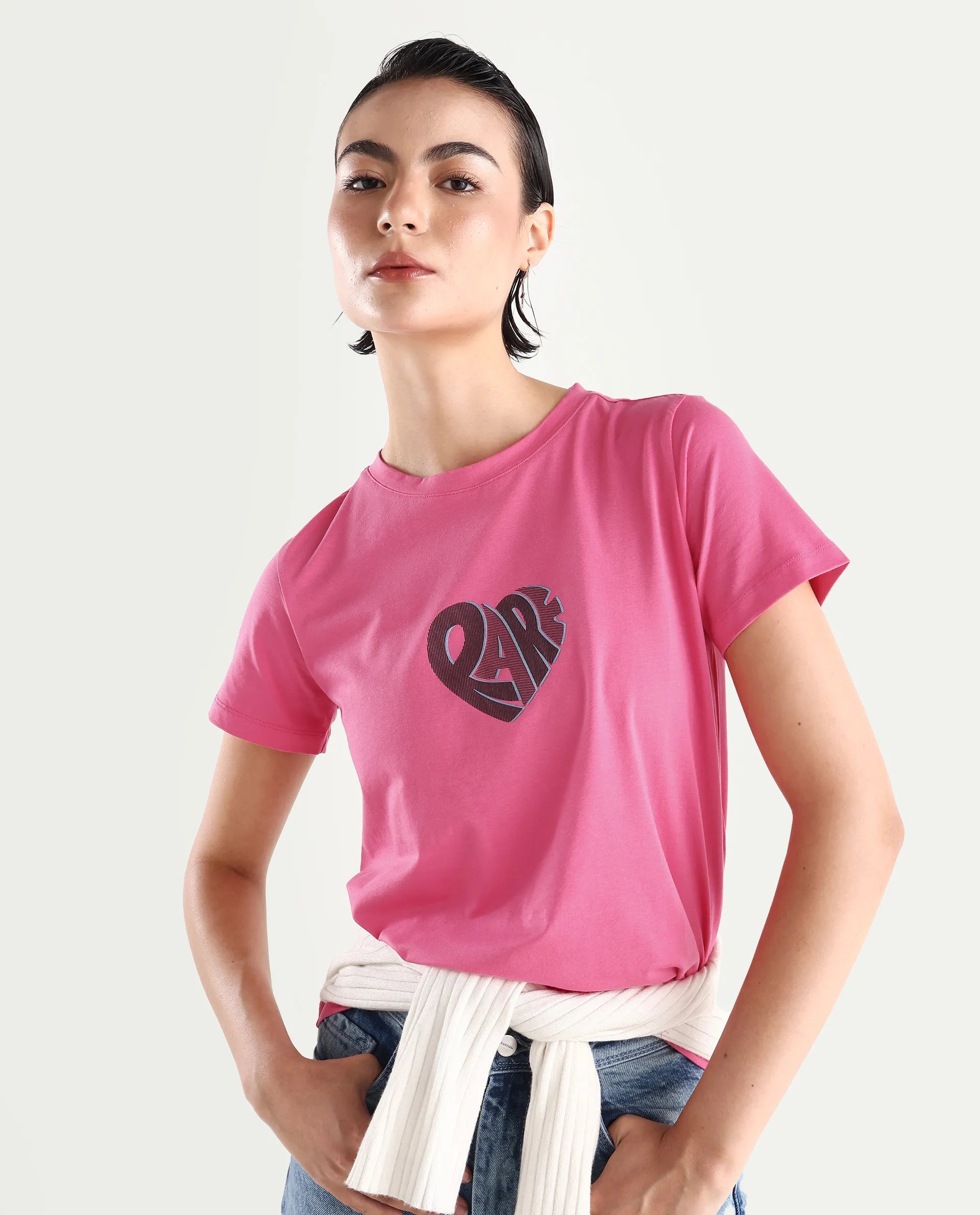 Rareism Women's Ciara Flouroscent Pink Cotton Blend Crew Neck Graphic Print Regular Fit T-Shirt